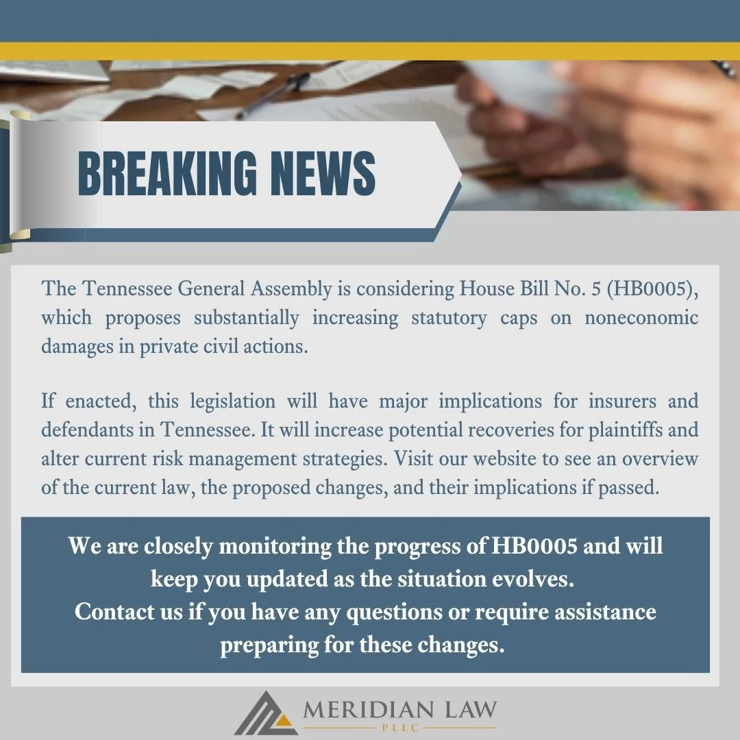 The Tennessee General Assembly is considering House Bill No. 5 (HB0005), which proposes substantially increasing statutory caps on noneconomic damages in private civil actions. If enacted, this legislation will have major implications for insurers an