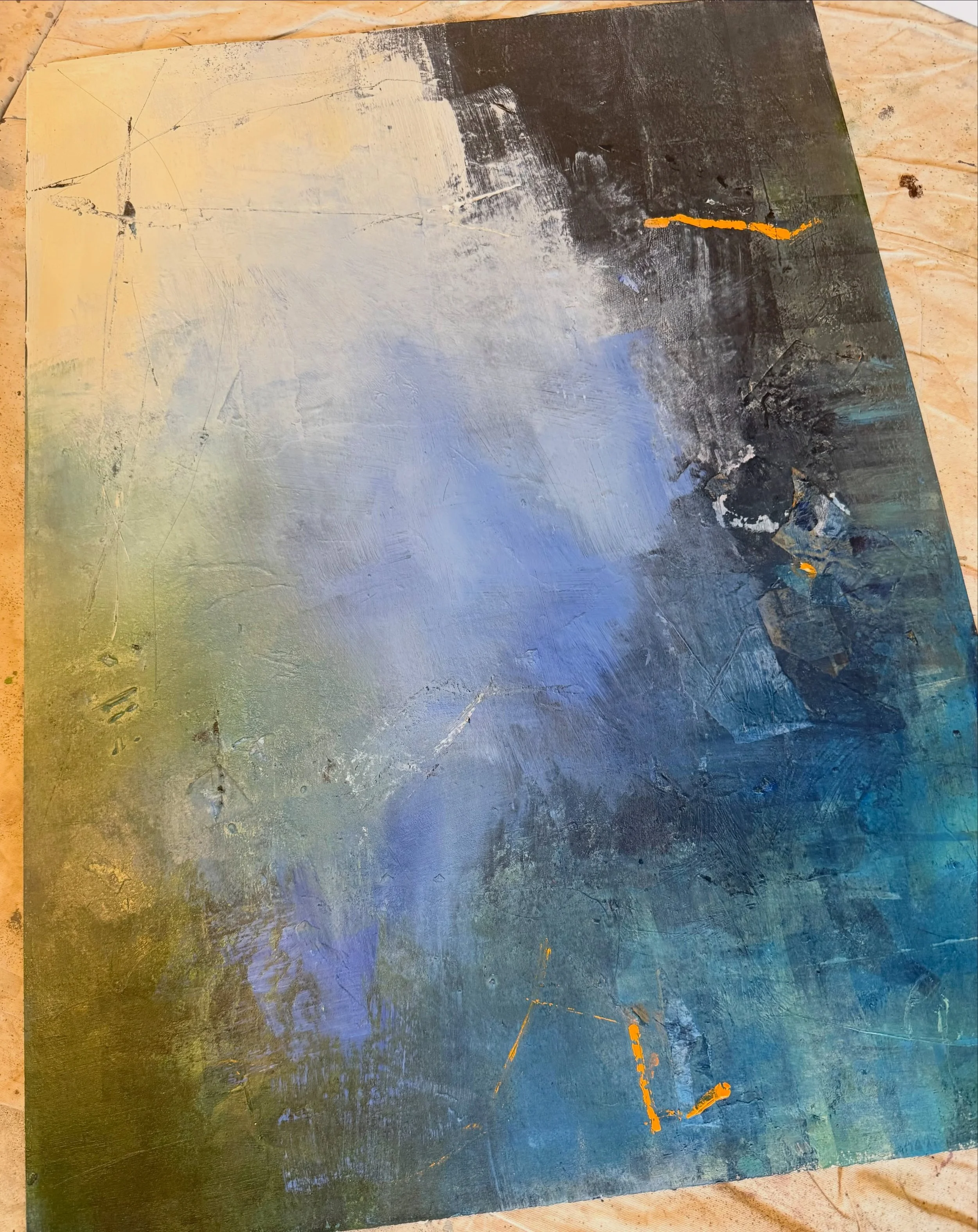 Here we go again&hellip;&hellip; Here&rsquo;s another one I had set aside three months ago. At the time I put it aside, it was dark and dull. It did have a lot of interesting texture, though.

This past Saturday I finally started a new painting and a
