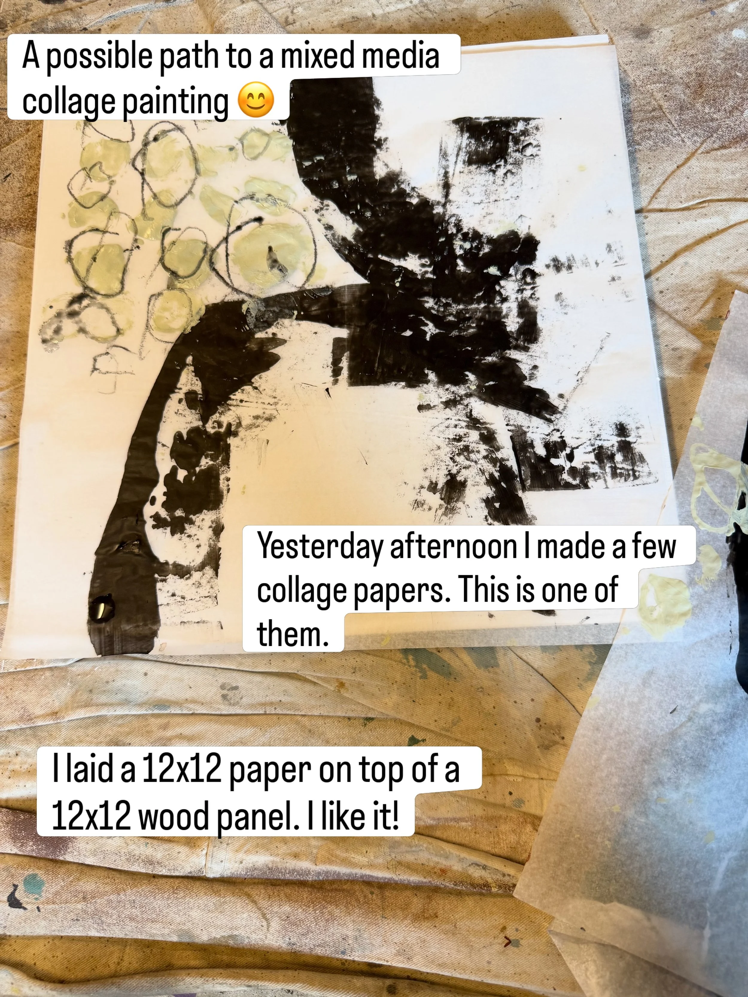 Two hours of fun and a painting that may be almost finished! Plus, with all of the papers I considered and played with along the way, my head is spinning with ideas for a series of 12x12&rsquo;s.

This is for my artist friends and collectors interest