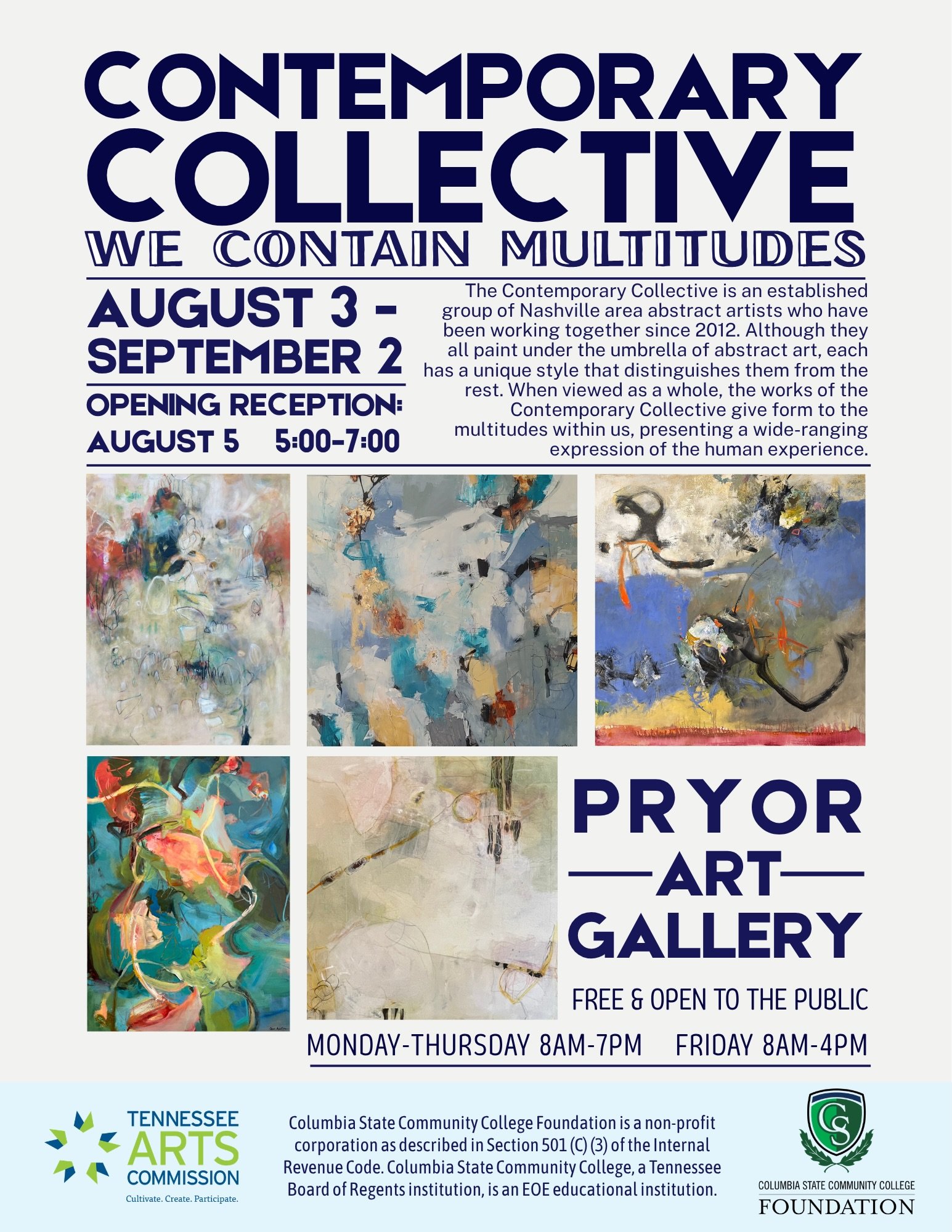 I&rsquo;m excited to share I&rsquo;ll be participating in an upcoming show, along with other members of the Contemporary Collective of Nashville. The show takes place at Pryor Art Gallery at Columbia State Community College in Columbia, TN. It opens 