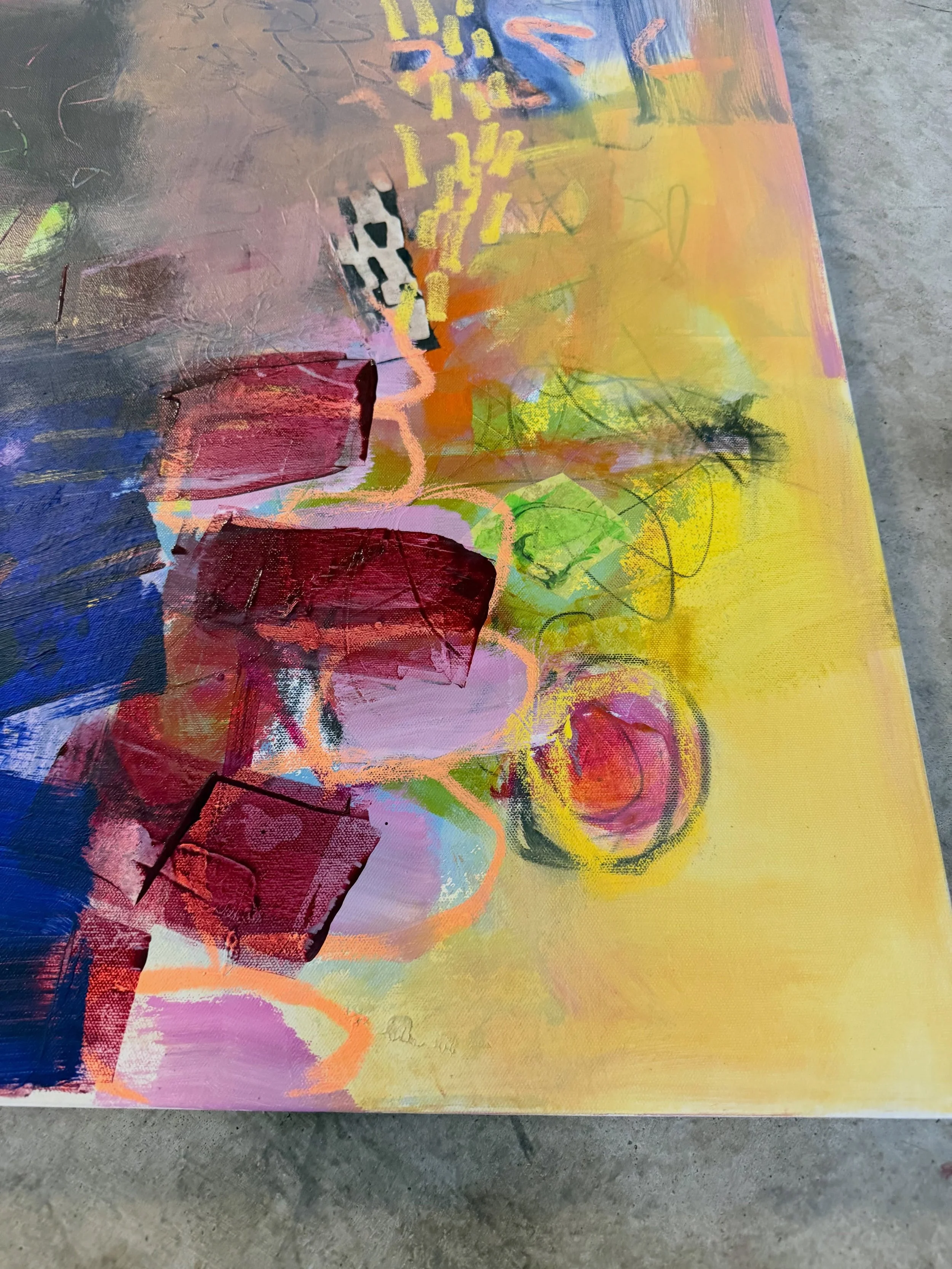 New painting in progress&hellip;.

When I&rsquo;m painting and I start getting in my head and begin to paint tighter, I pull out a blank canvas, markers, papers and a few colors (some very bright). My objective becomes nothing other than letting loos