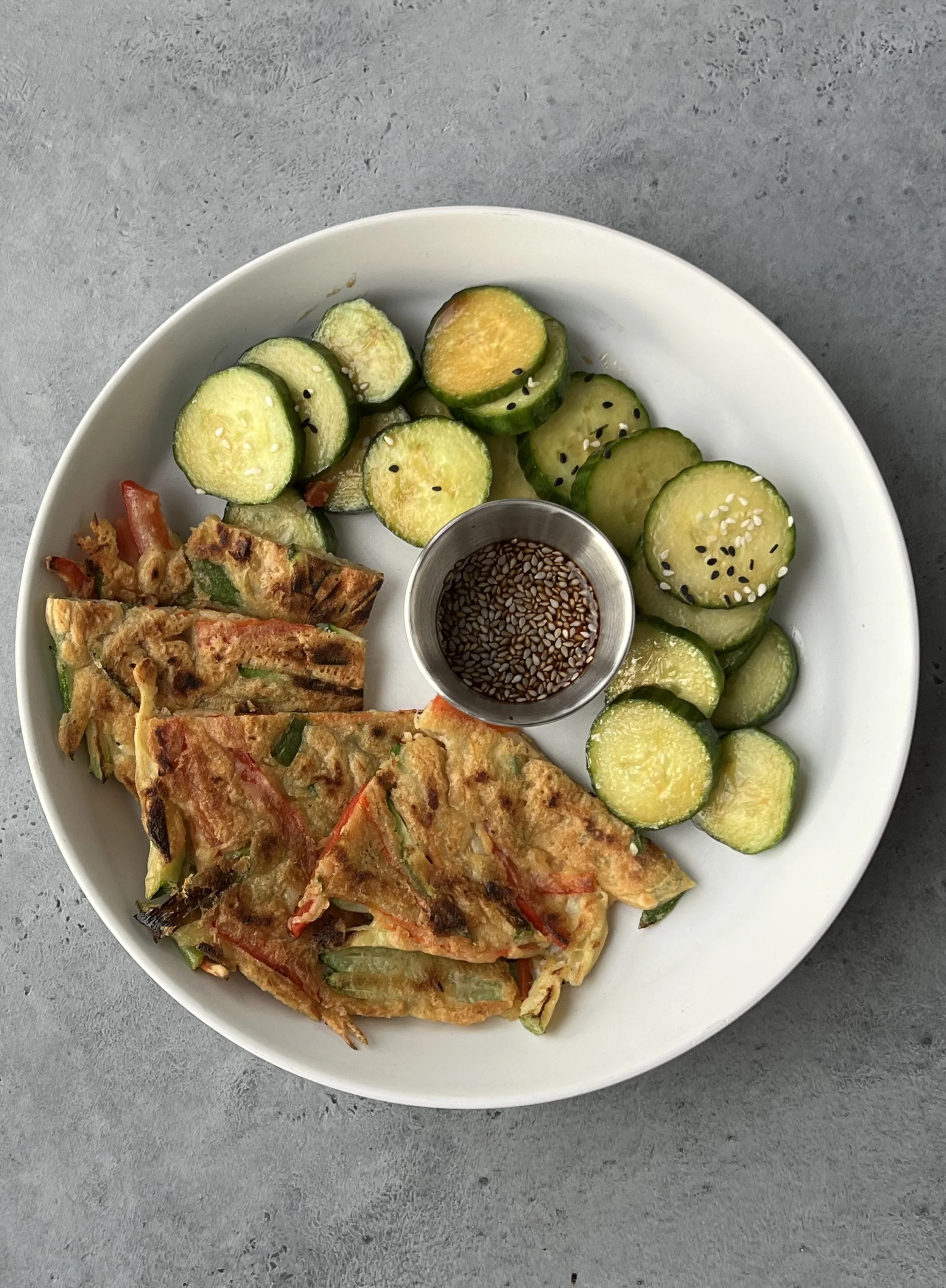Korean Vegetable Pancakes with Sesame Cucumbers