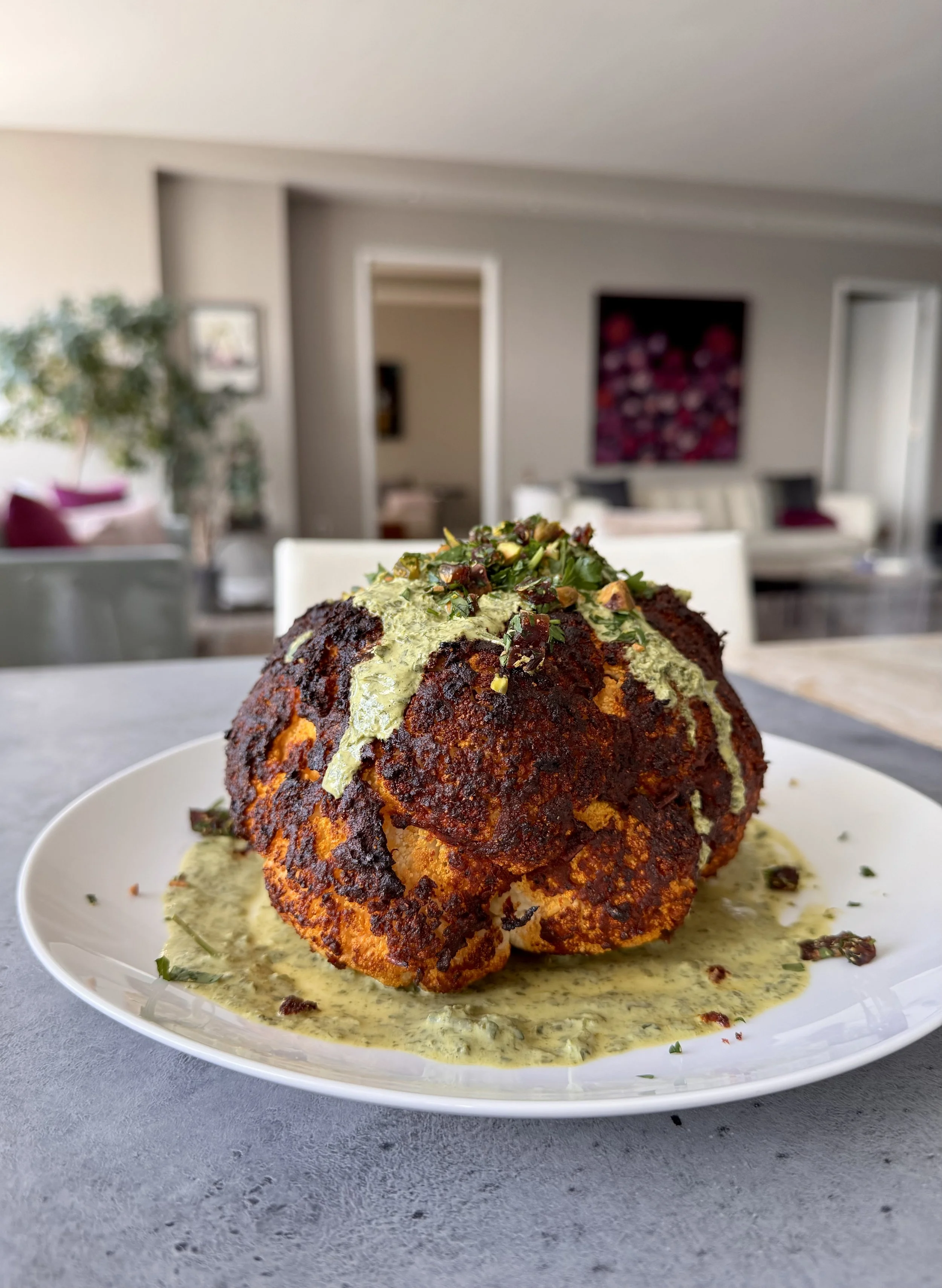 Harissa-Roasted Whole Cauliflower with Creamy Chermoula