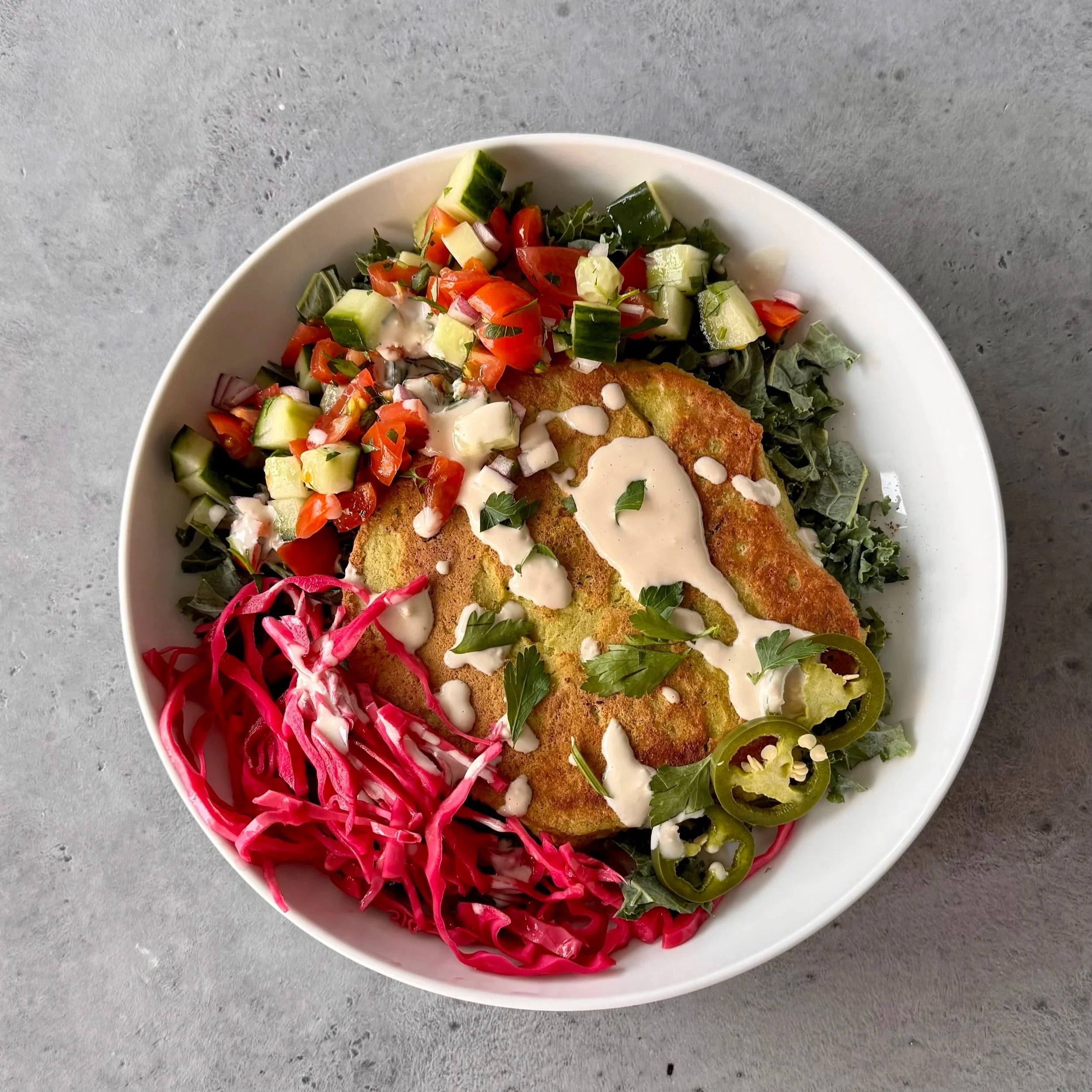 Falafel Pancake Bowl with Greens and Tahini Yogurt