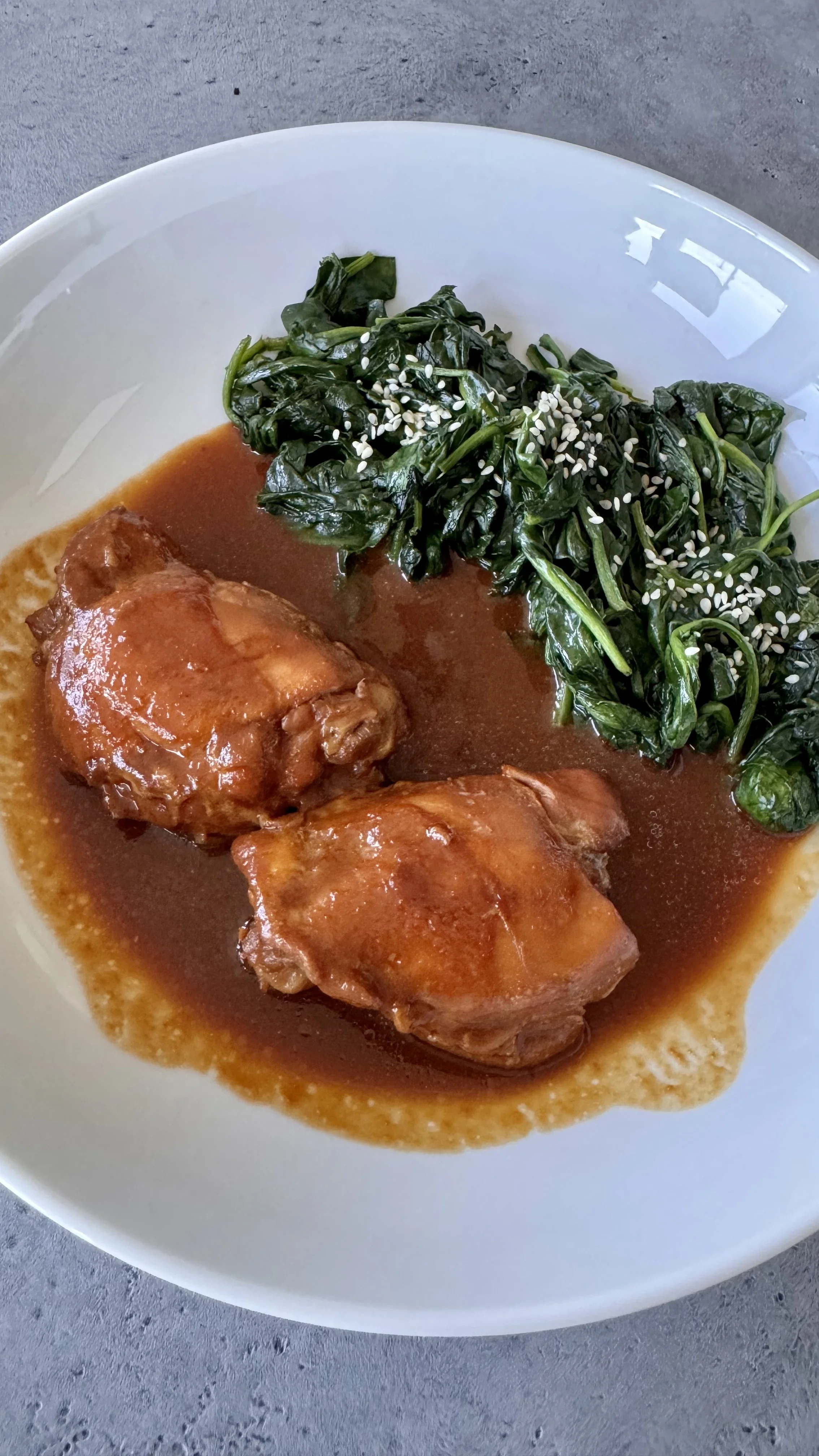 Garlic-Braised Tamari Chicken with Sesame Spinach