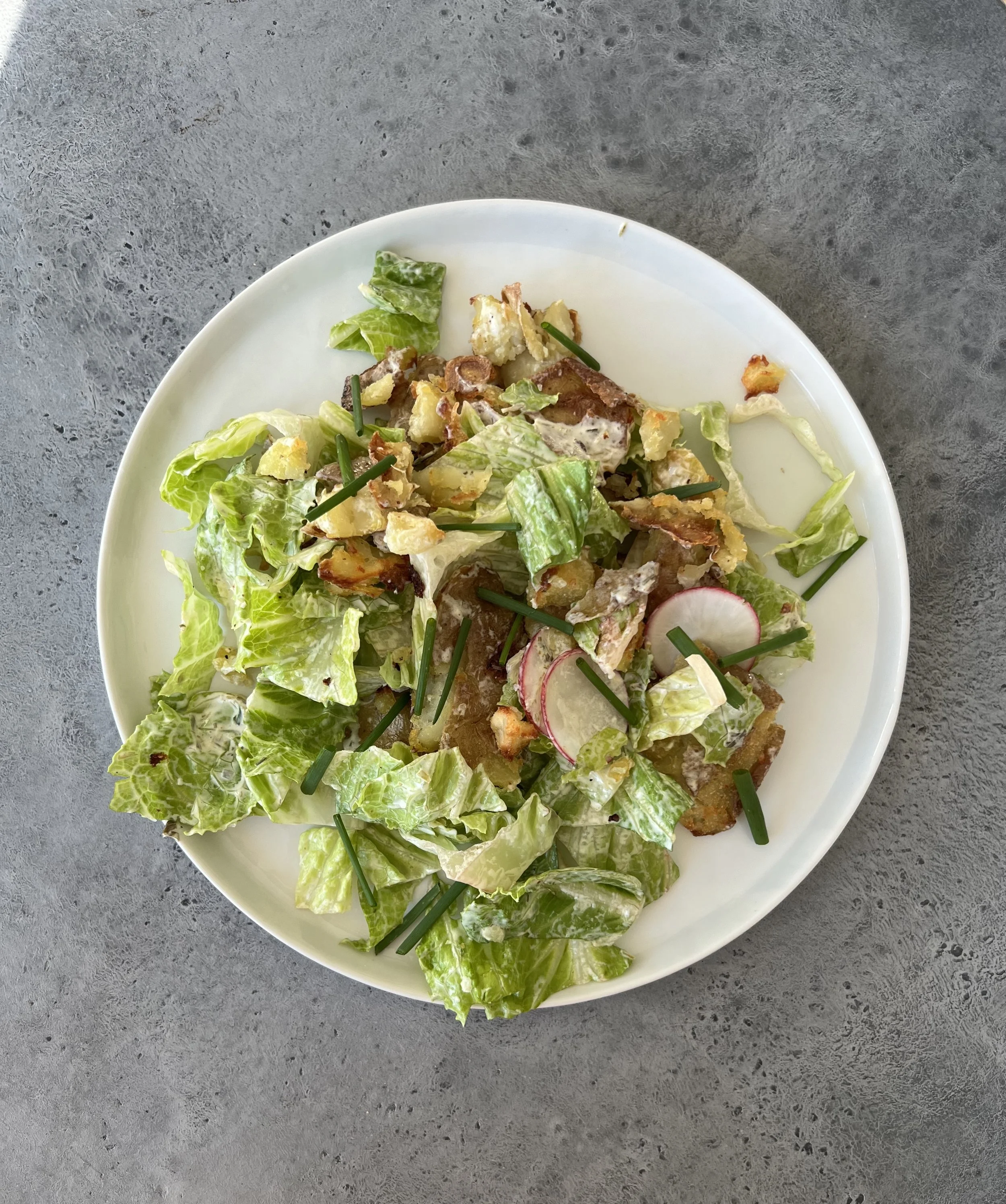 Crispy Smashed Potato Salad with Charred Scallion Dressing