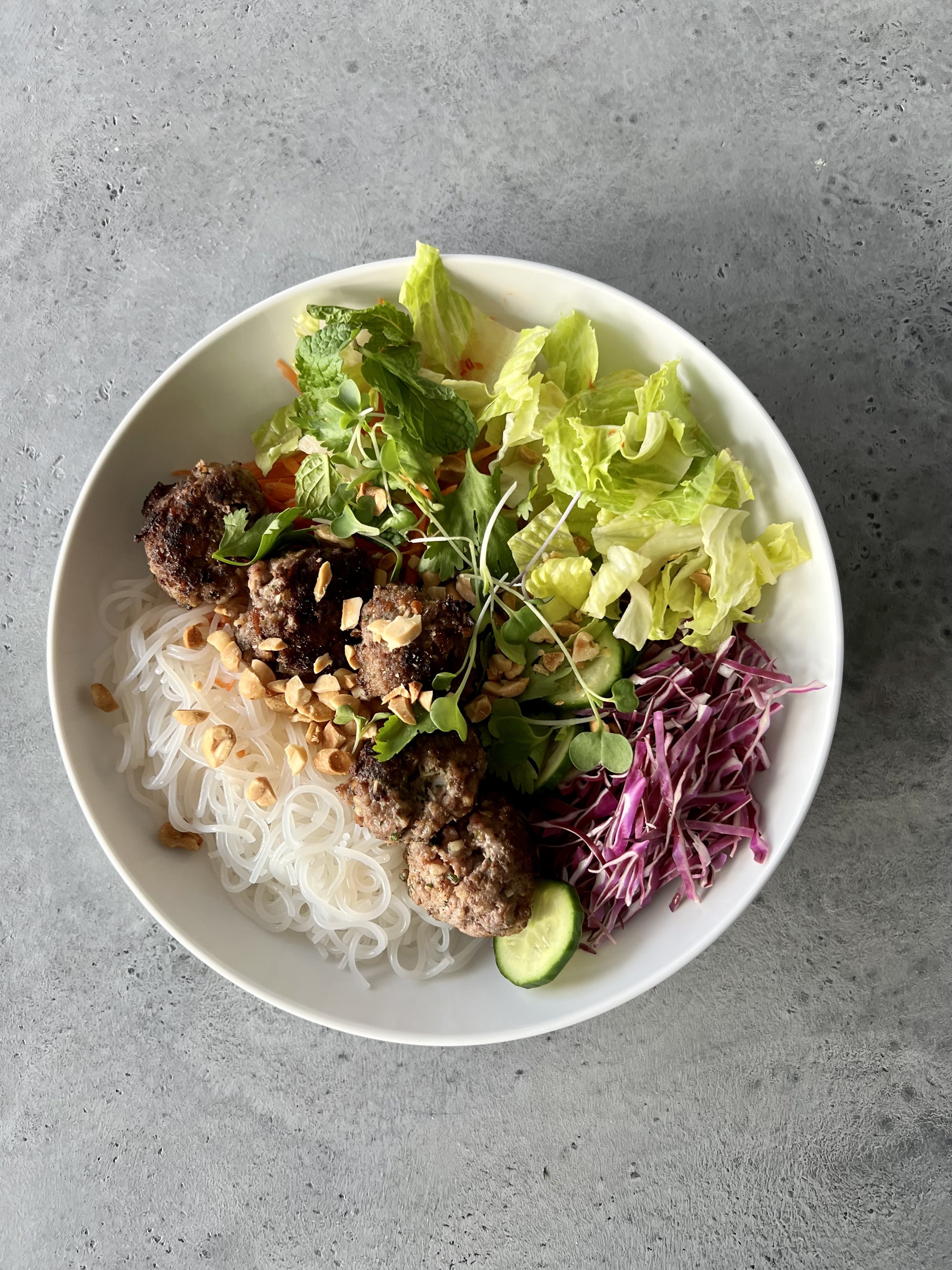 Vietnamese Meatball Noodle Bowl with Crunchy Salad