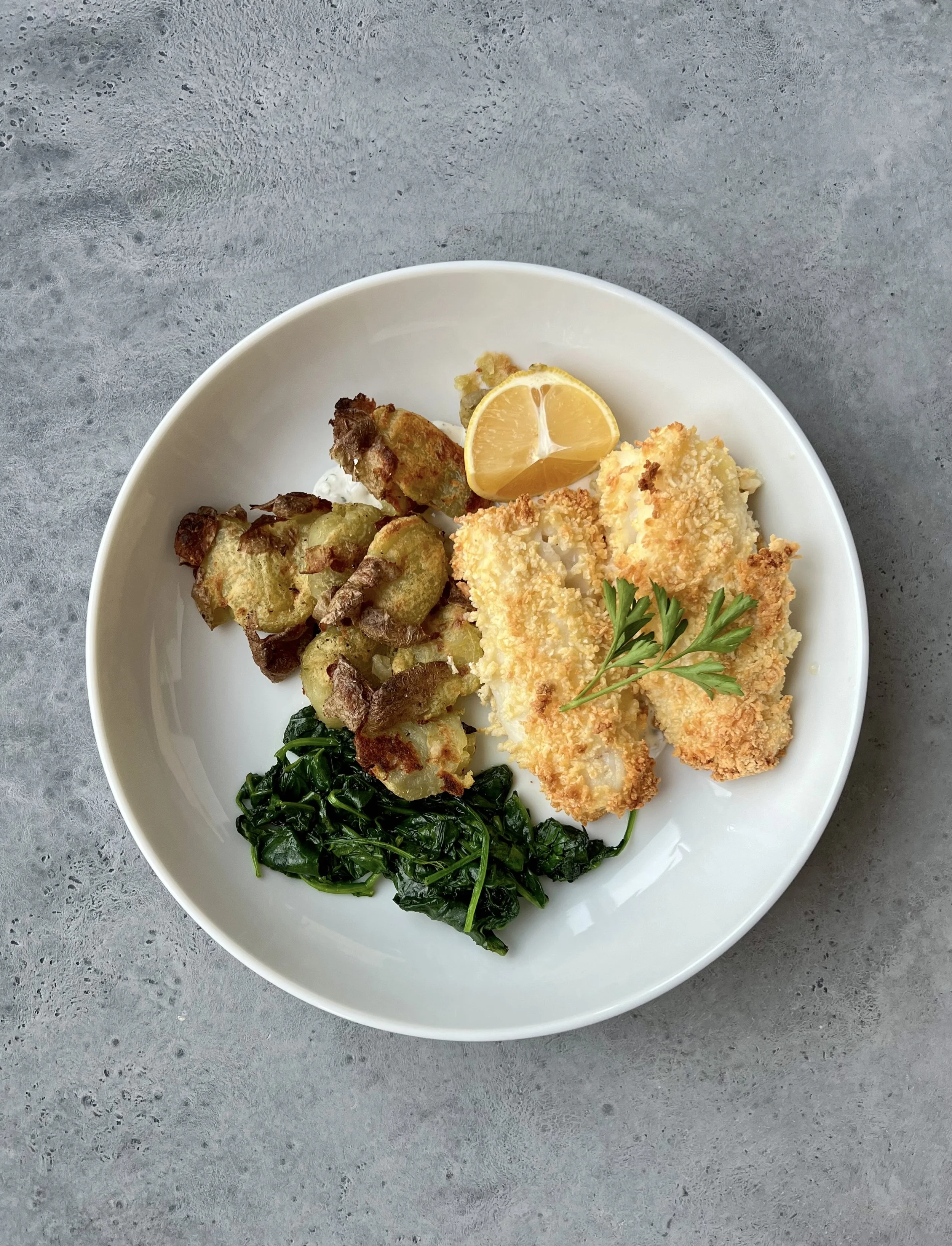Panko-Crusted Cod with Crispy Potatoes and Herbed Tartar Sauce
