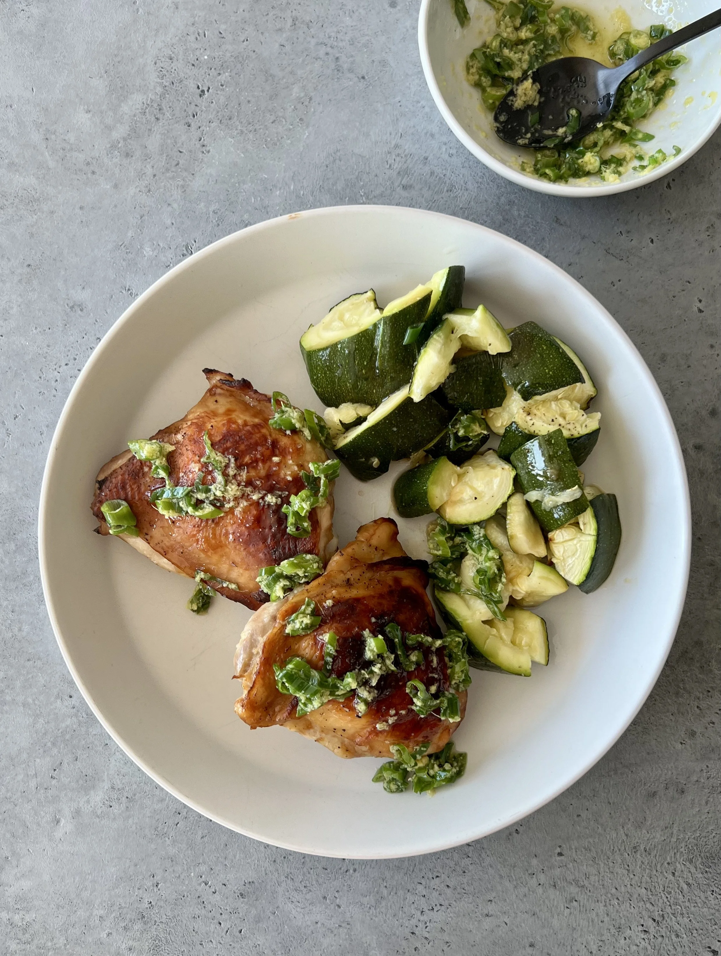 Crispy Scallion Ginger Chicken with Smashed Zucchini