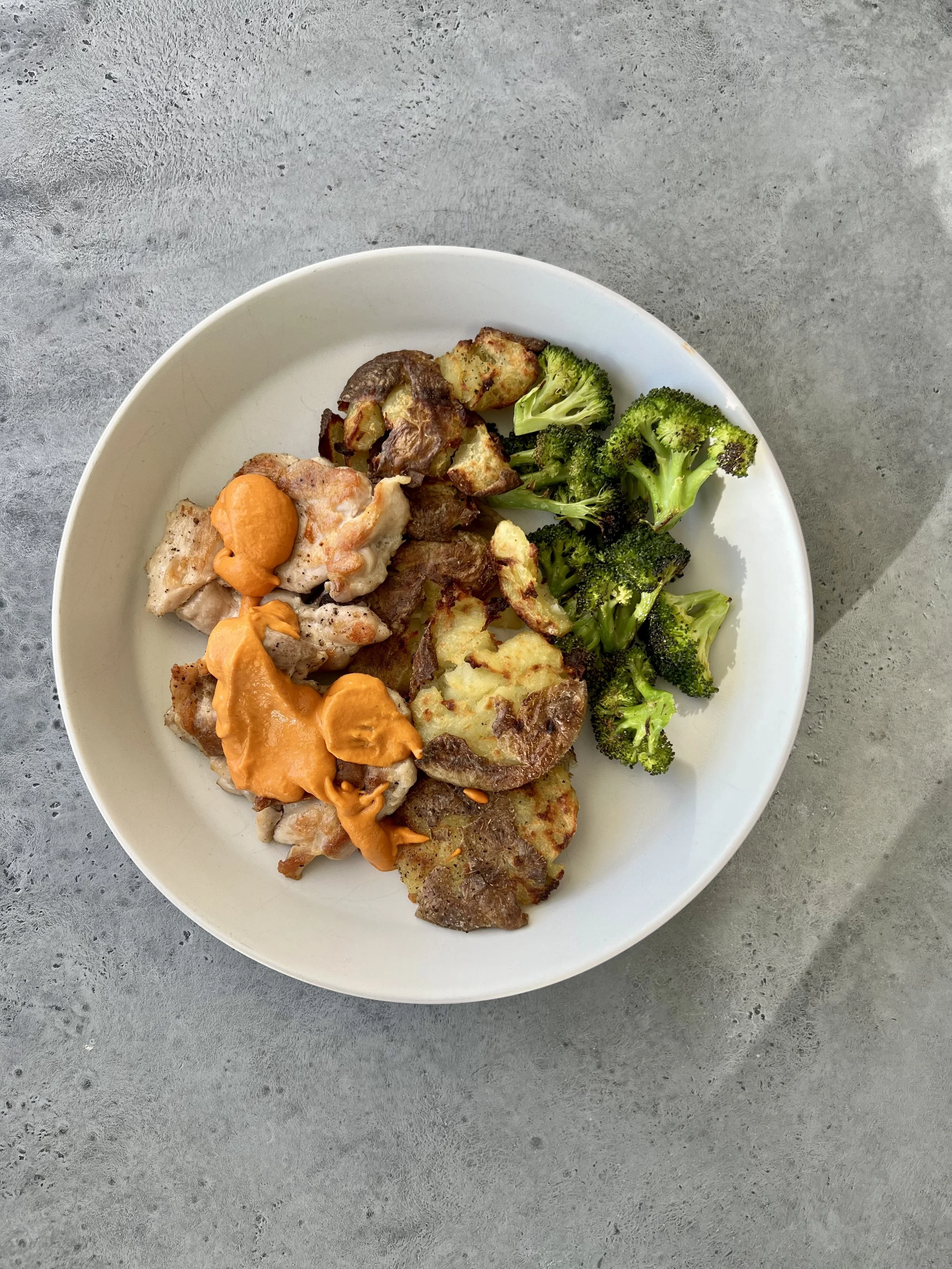 Chicken Romesco with Crispy Smashed Potatoes and Roasted Broccoli