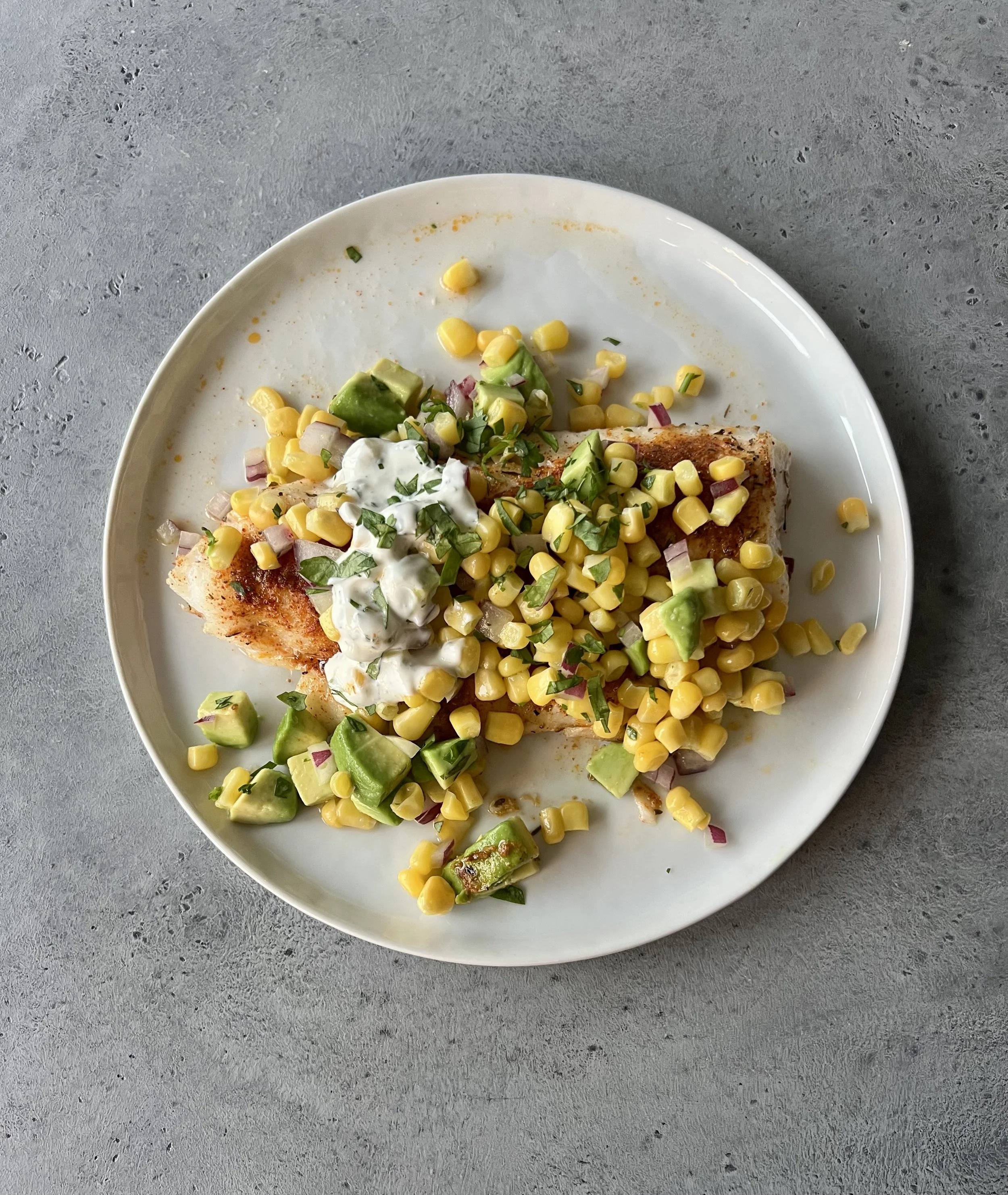 Blackened Cod with Corn-Avocado Salsa and Lime Crema