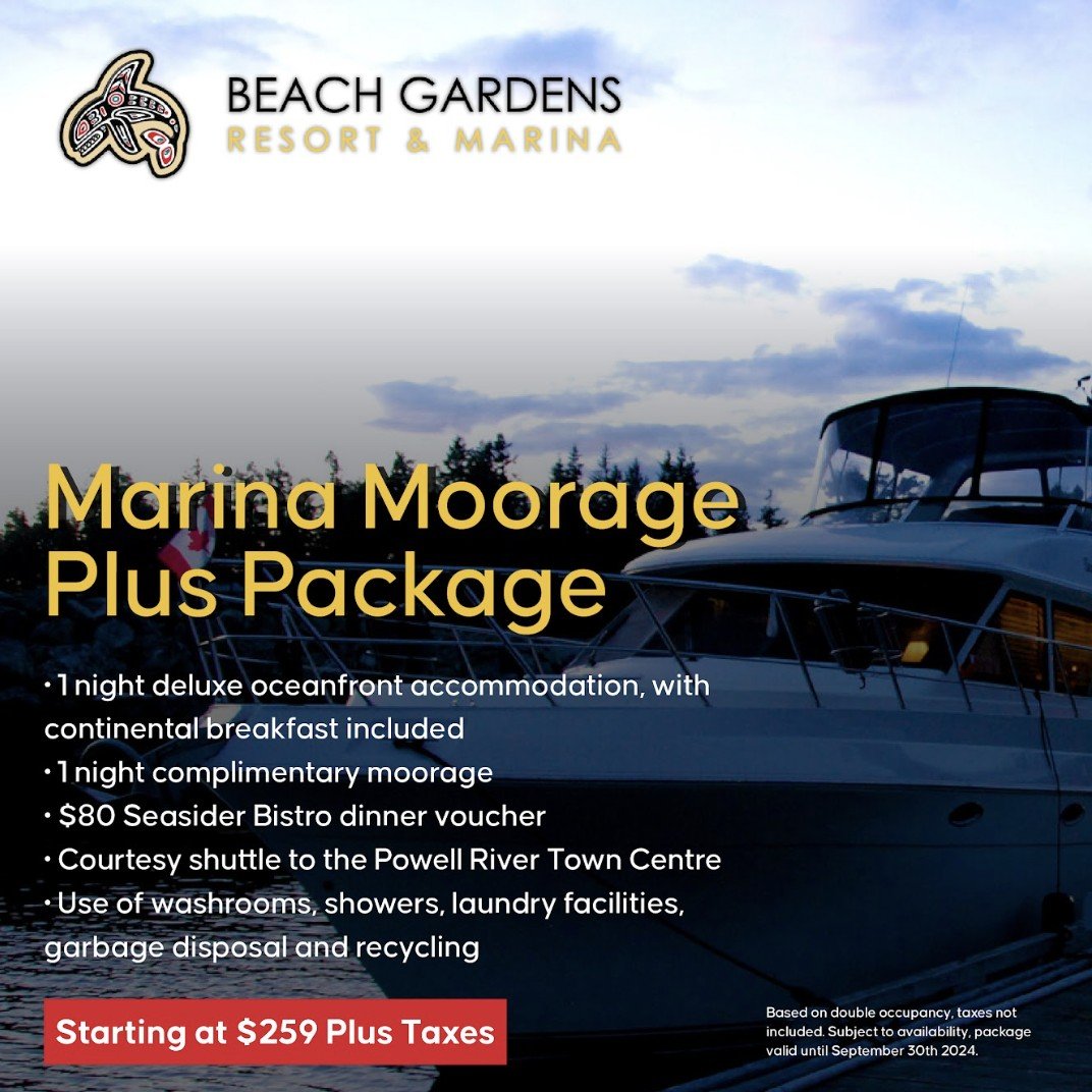 🚤 Last Month for the Marina Moorage Plus Package! ⏳

September is your last chance to take advantage of our Marina Moorage Plus Package at Beach Gardens! Enjoy a 1-night stay in a deluxe oceanfront room with breakfast, complimentary moorage, and an 