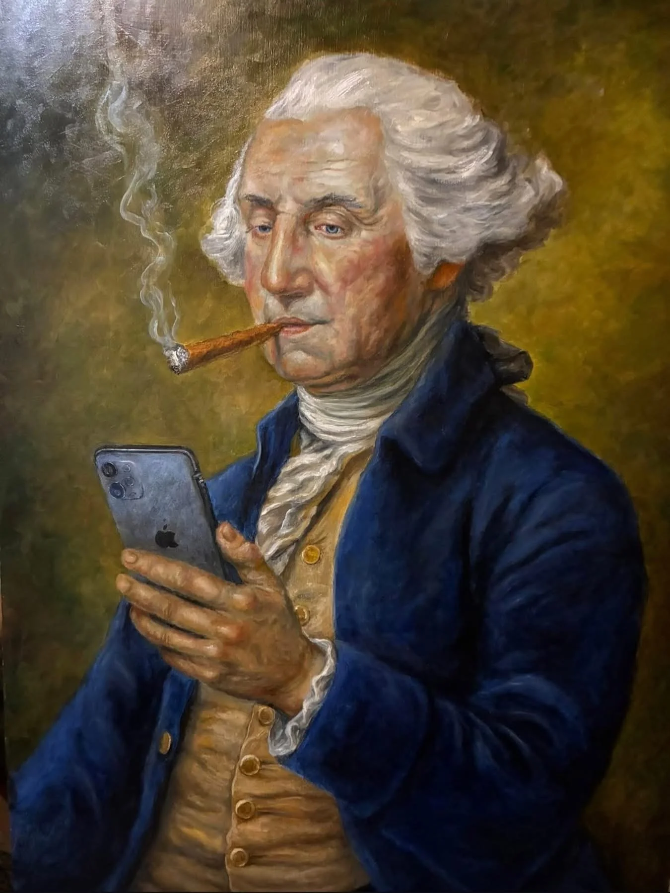 GEORGE CHECKS HIS MESSAGES (SOLD)
Oil on Canvas (Original Sold) 
Ciclee Prints Available Upon Request 
One in a series of satirical paintings