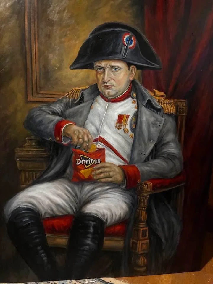 NAPOLEON WITH A CHIP ON HIS SHOULDER (SOLD)
Oil on Canvas (Original Sold) 
Ciclee Prints Available Upon Request 
Part of a series of satirical paintings