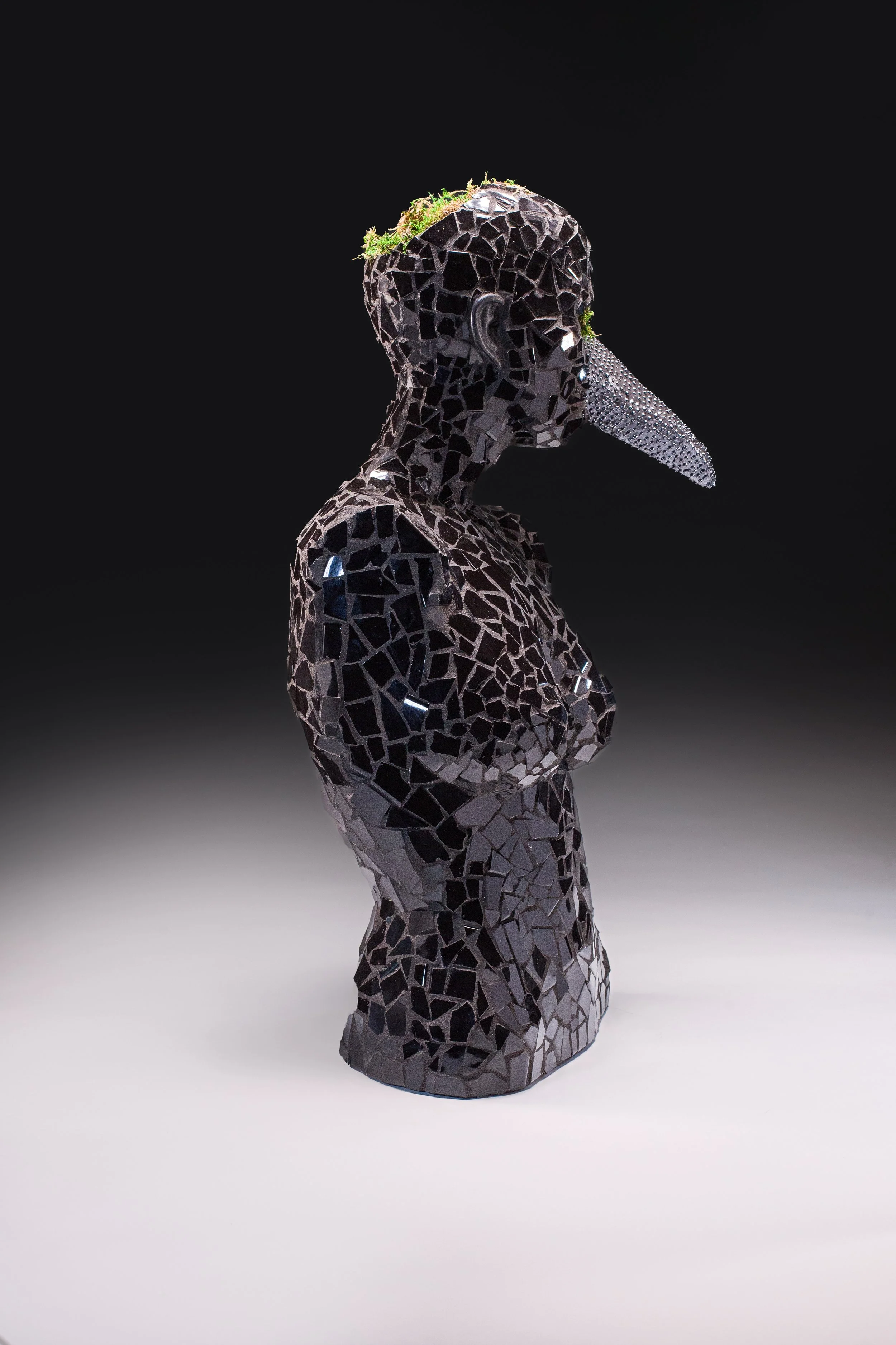 EMBRYONIC MAGIC 	
mannequin, mosaic, moss, quail eggs, bird nest
30” x 13” x 15”