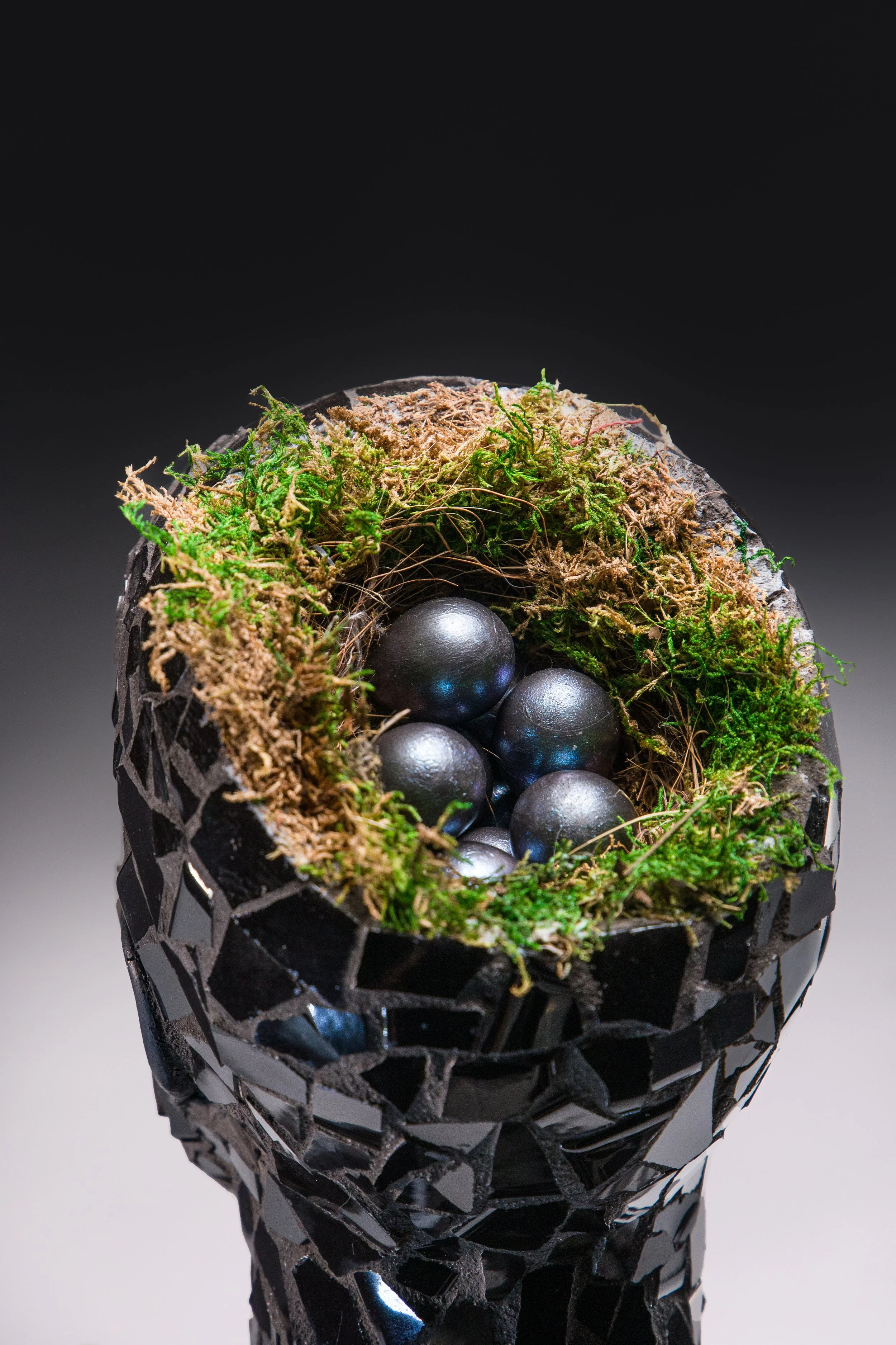 EMBRYONIC MAGIC 	
mannequin, mosaic, moss, quail eggs, bird nest
30” x 13” x 15”