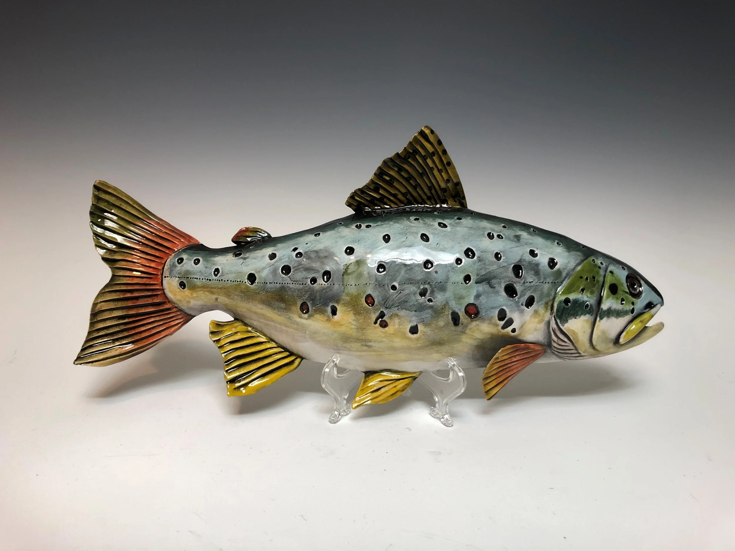 Trout - Hand Sculpted Raku Low Fire Sculpture with Underglaze
16x8"
Additional Fish Available