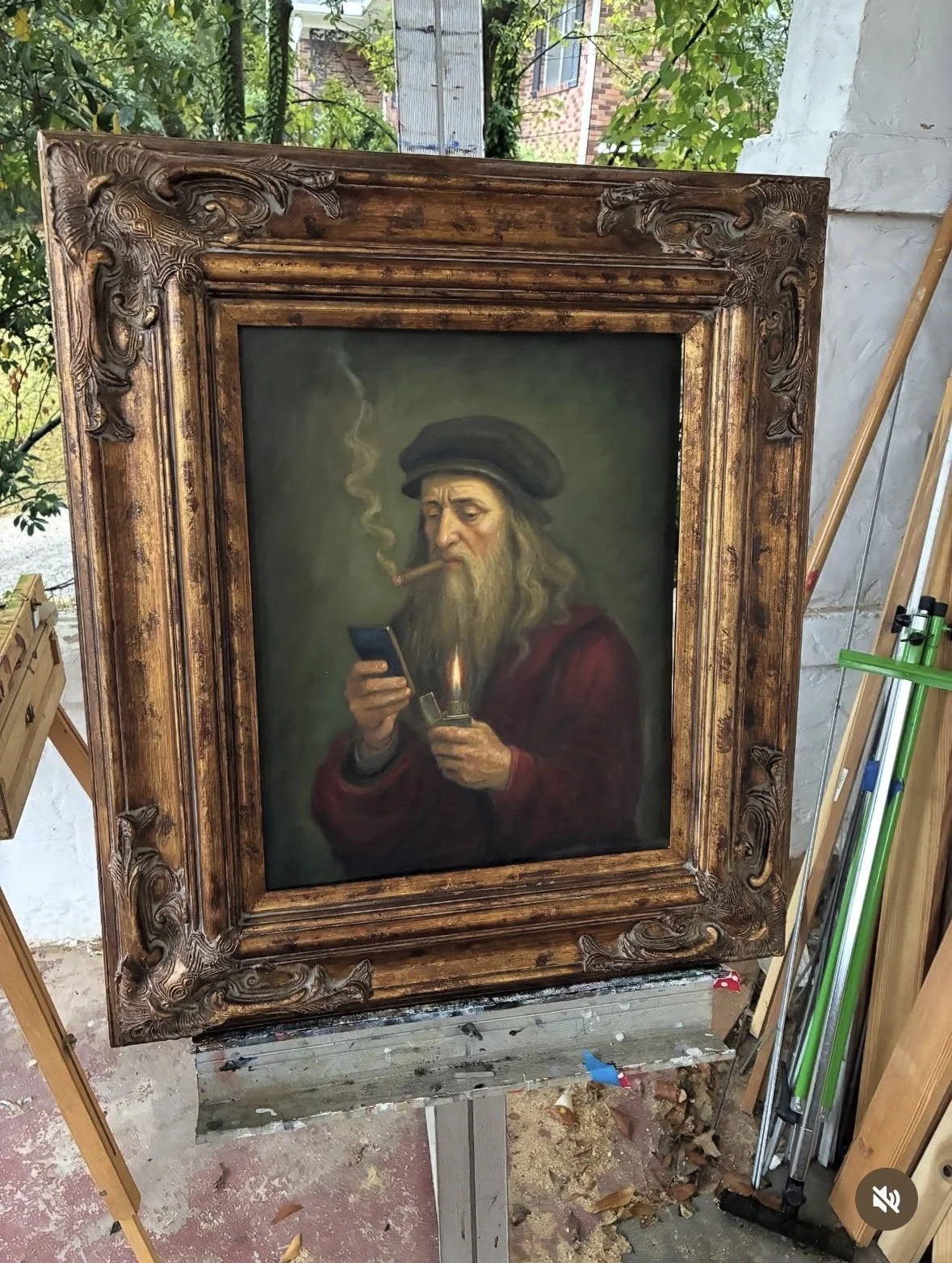 LEONARDO DA VINCI (SOLD)
Oil on Panel (Original Sold)
Ciclee Prints Available Upon Request 
Part of a series of Satirical Paintings
16" x 20"
