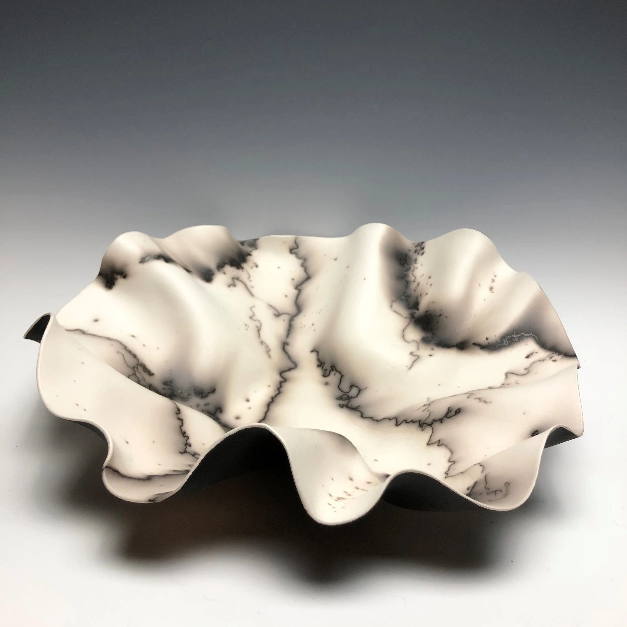 Horsehair Bowl - Side View
Raku Pottery Hanging Sculptures
Five Sizes Available 
Backs can be customized to any Color