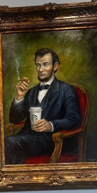 LINCOLN
Oil on Canvas (Available through Artist) 
Ciclee Prints Available Upon Request 
Part of a series of satirical paintings