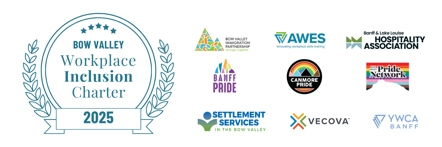 Bow Valley Immigration Partnership and co-created with AWES, Banff and Lake Louise Hospitality Association, Banff Pride, Canmore Pride, Bow Valley Pride Network. Settlement Services in the Bow Valley, Vecova, and YWCA Banff
