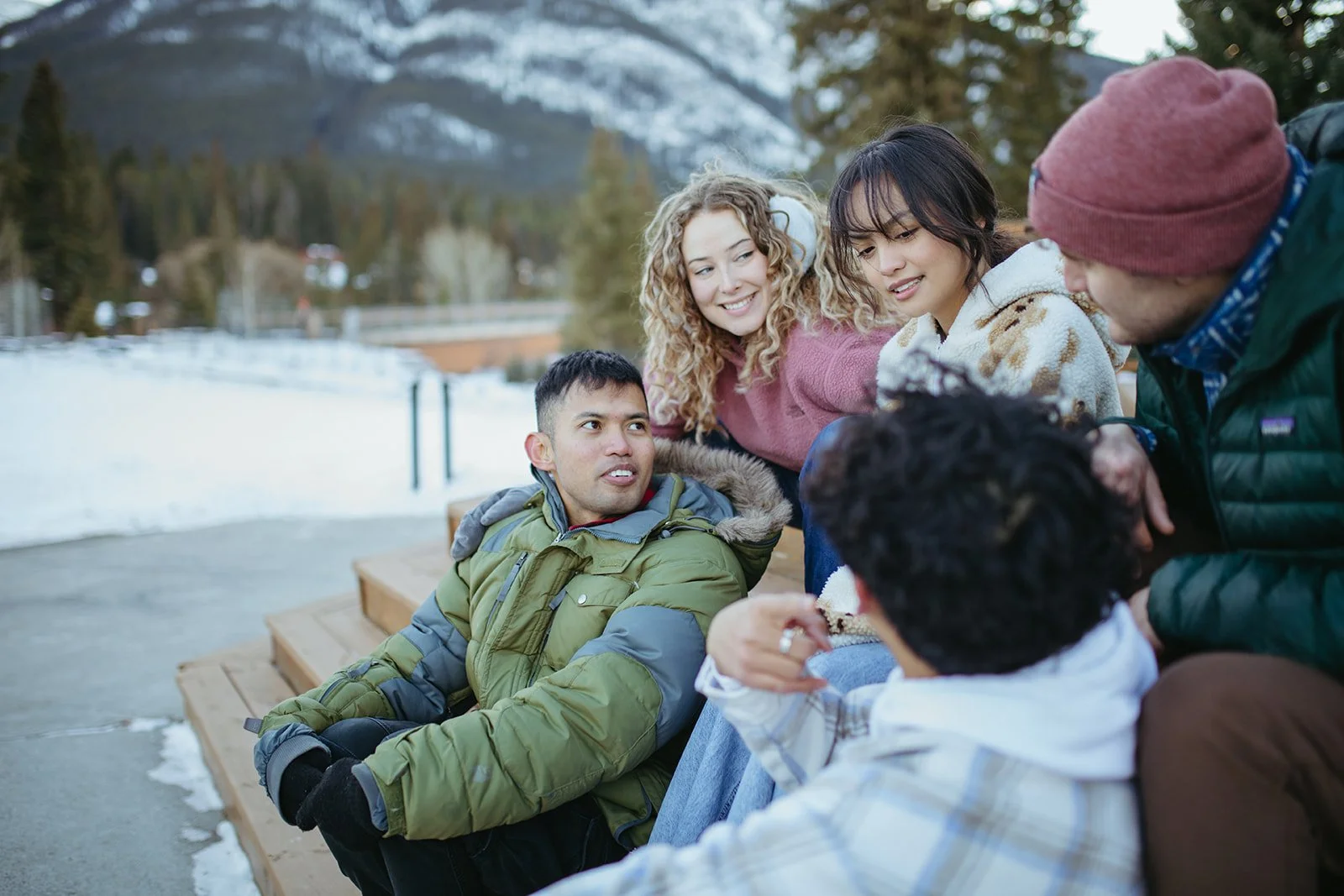 group of 5 friends in Banff in snow