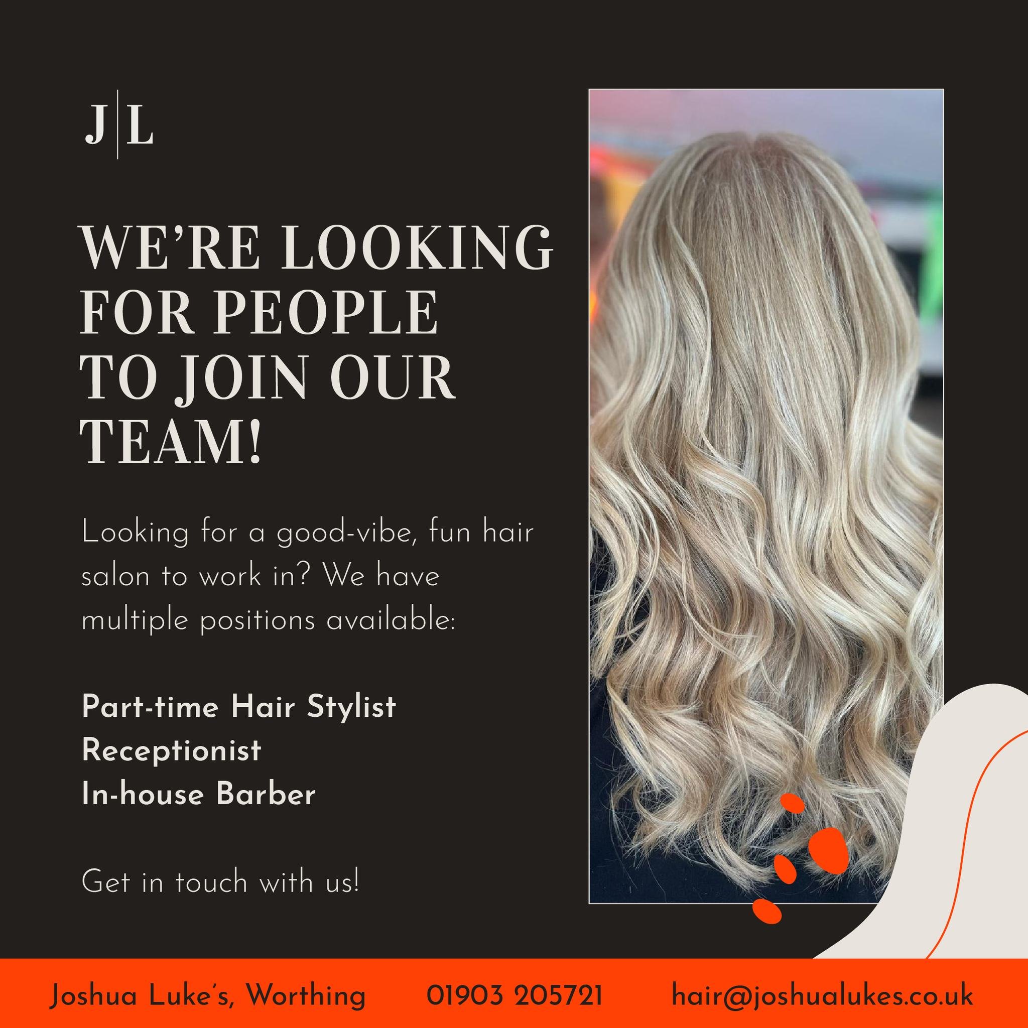 Join our vibrant team and let your career flourish at our funky, friendly hair salon in Worthing! 🌟✂️🙌

We're on the lookout for passionate individuals to fill key roles:

💇 Part-time Hair Stylist
📞 Receptionist
💈 In-house Barber

Experience our