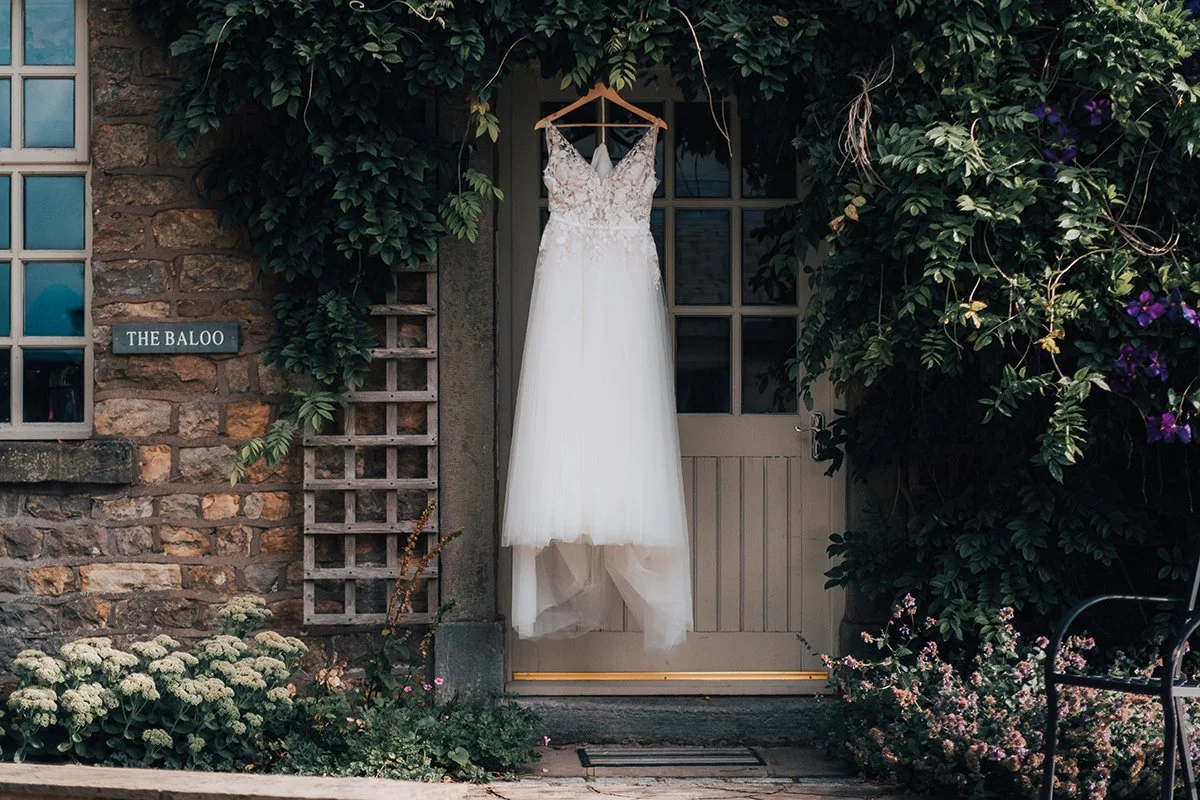 Wedding dress outside the former Wyreside Hall property