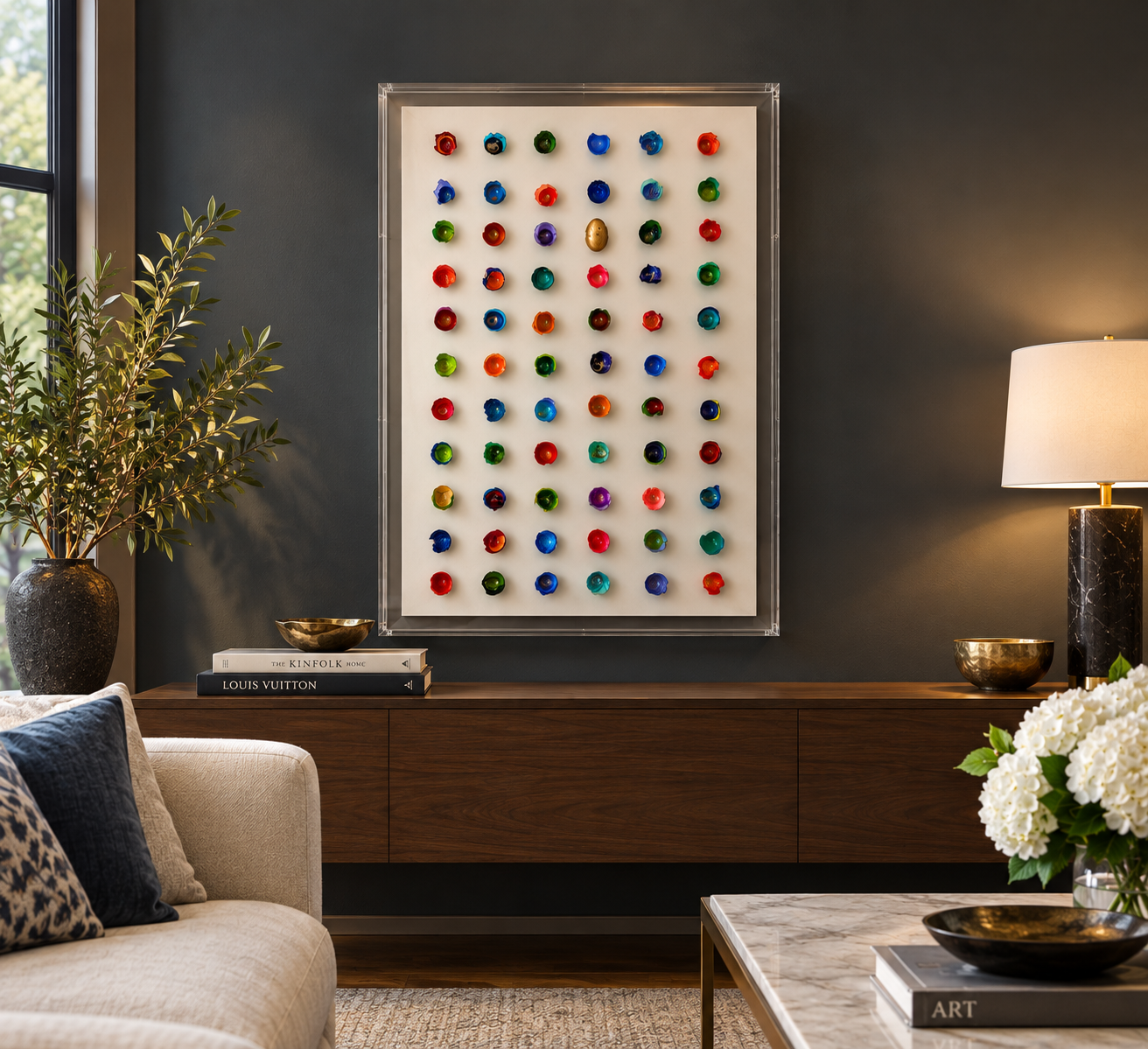 "The Golden Egg" is a sculptural wall relief transforms humble eggshells into a vibrant meditation on color, imperfection, and transformation. Each eggshell is individually painted and finished in a kintsugi-inspired fashion, with luminous gold accen