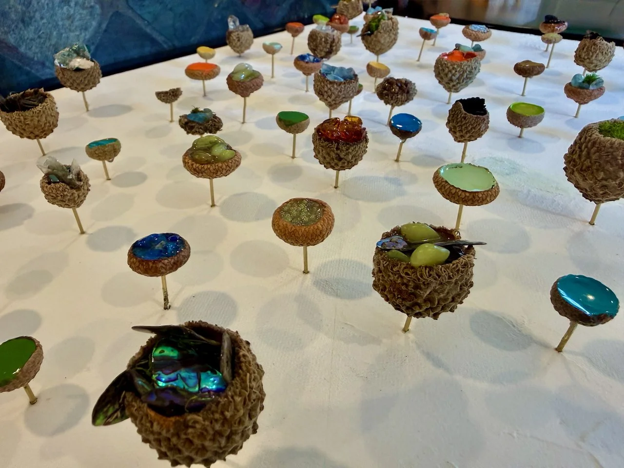"Treasures from my Pocket"  looking closely at the section of semi precious treasures that include jade, quartz, hematite, mica, and abalone.