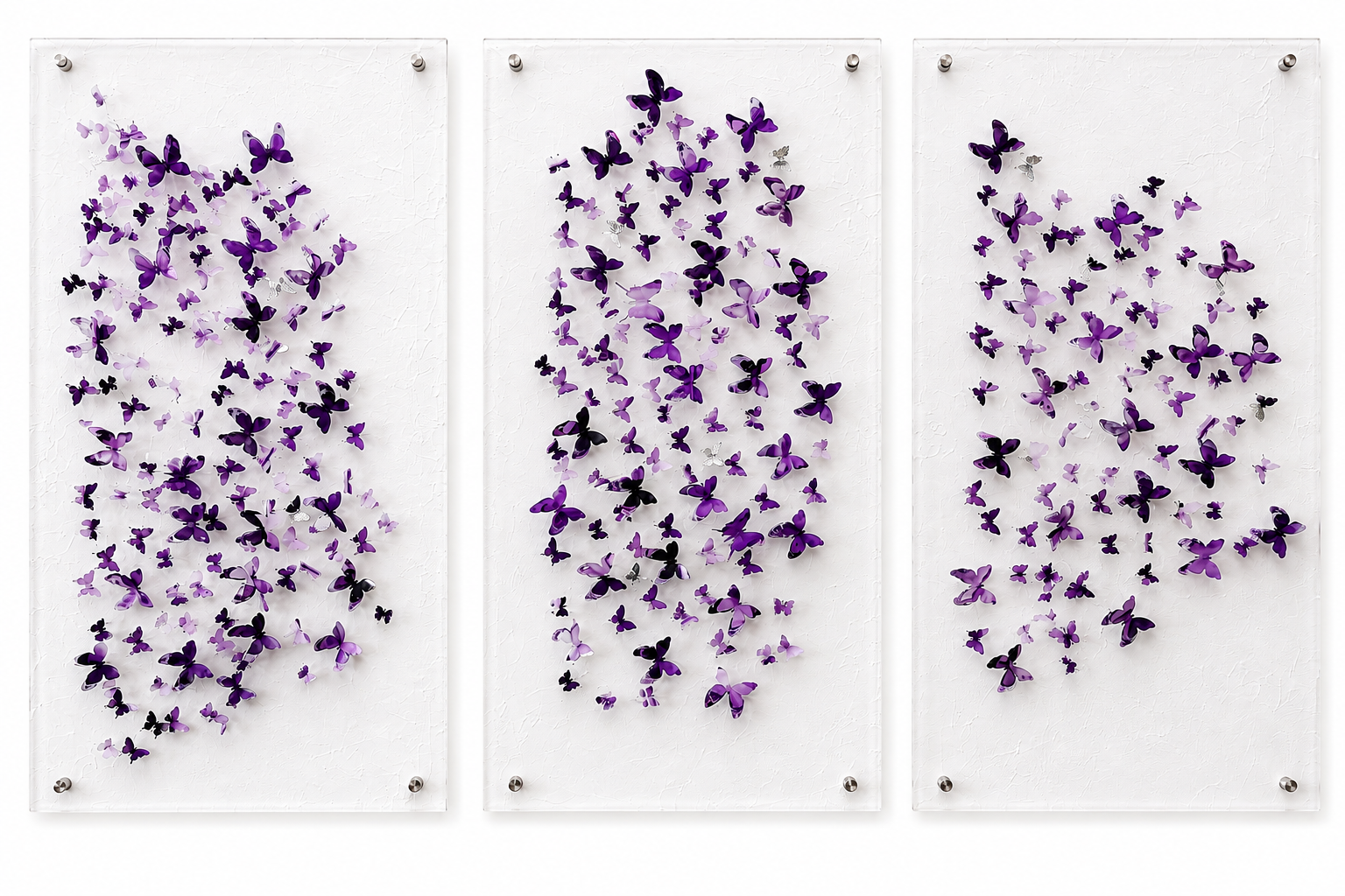 "Suspended Transformation" explores the fleeting moment between stillness and movement. Across three panels, hundreds of dimensional butterflies appear to rise, drift, and disperse through space, creating the sensation of a transformation caught in s