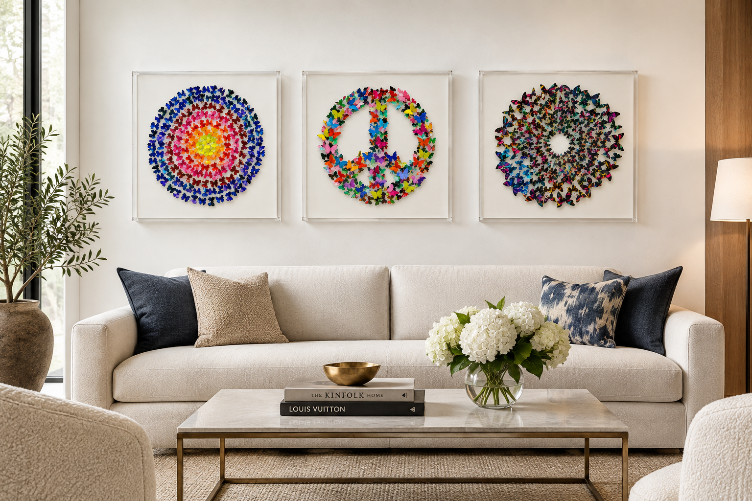 Three Works, one conversation in color bring movement, rhythm, and dimensionality to your space with this trio of handcrafted sculptural wall works. Each composition is built from hundreds of individually hand cut butterflies, creating a mesmerizing 