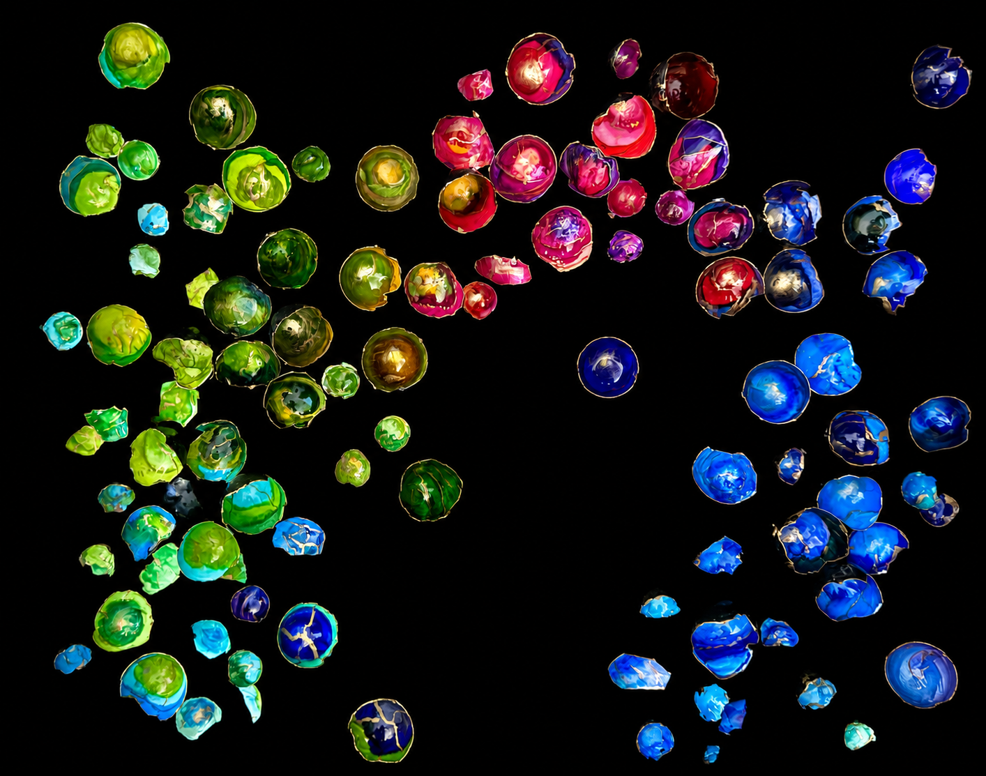 "The Beauty of Becoming"  uses a relief technique inspired by the Kinstugi art which embraces imperfection, fracture, and transformation. Eggshell fragments are individually painted and finished with luminous gold accents, transforming a delicate, di
