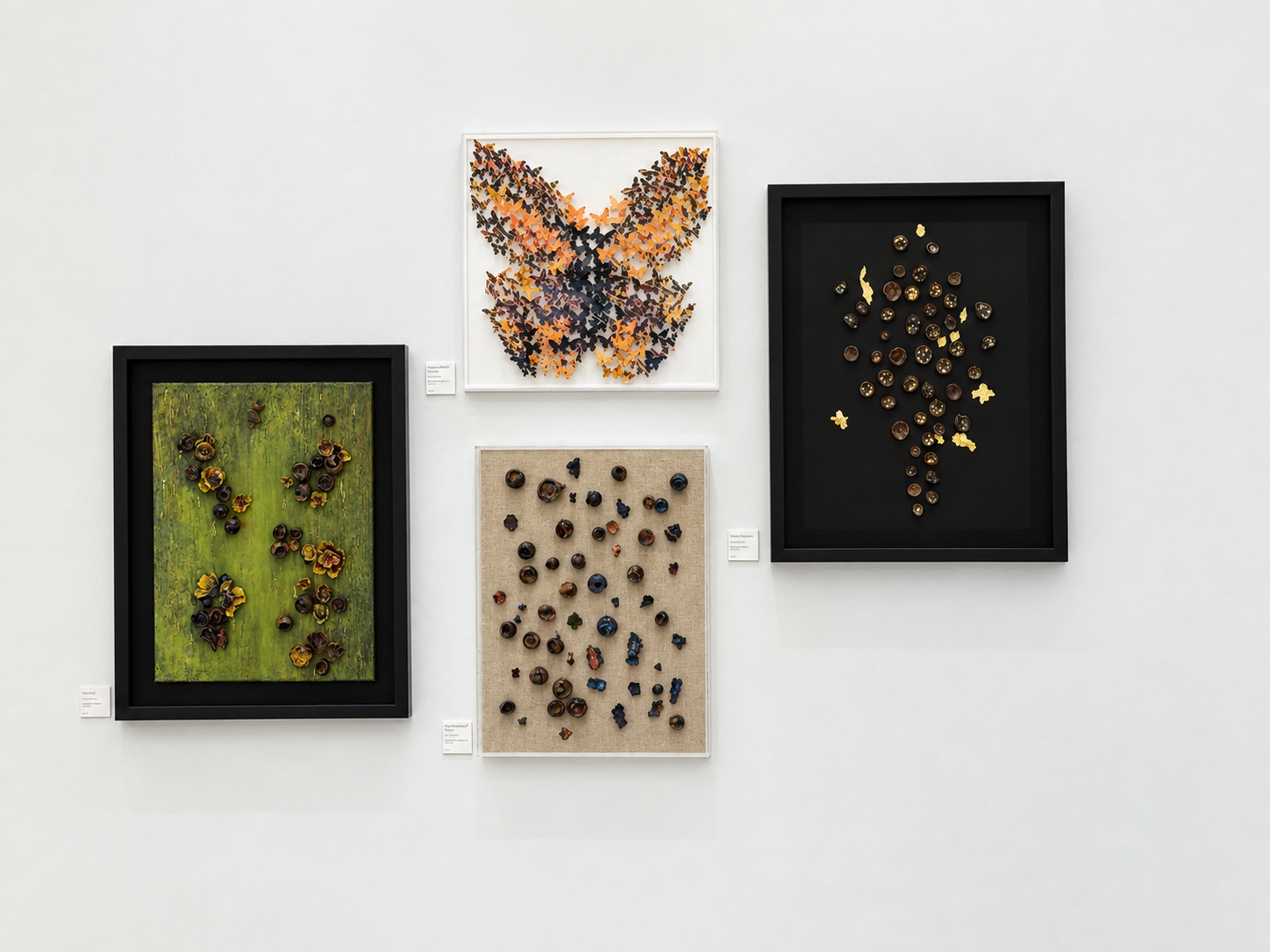 This collection of biophilia relief works explores the meeting point between the natural world and human perception. Each piece incorporates organic forms of seed pods, botanical fragments, butterflies, and found  elements. They are then reimagined t