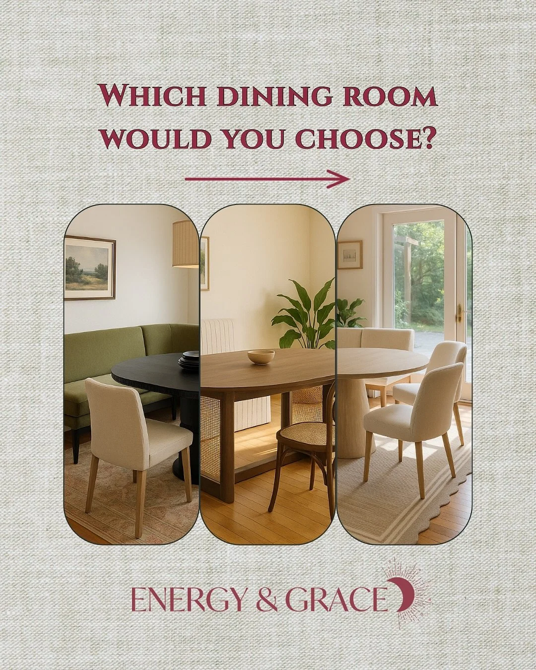 Your dining room holds energy — the kind that gathers people, sparks conversation, and nourishes the soul. ✨
I’m helping a client redesign her space to flow beautifully and energetically — and I’d love your vote!
Swipe throu