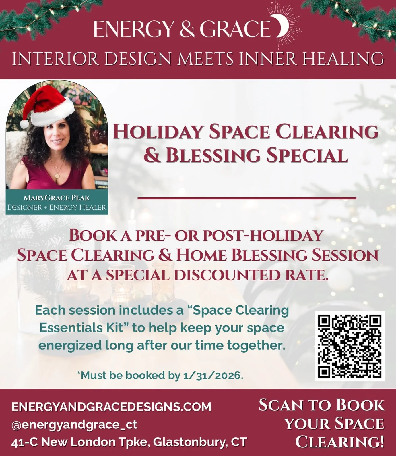 Treat yourself or someone you love to the gift of energetic clarity and a lovingly blessed home or office! 🏡 

Book a pre- or post-holiday Space Clearing &amp; Blessing Session at a special discounted rate.

Each session includes a Space Clearing Es