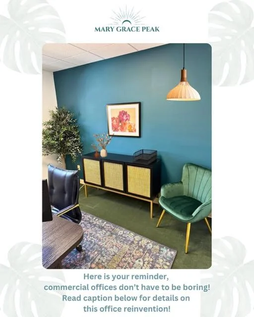 This office really came together to create a vibrant, yet efficient workspace. 🎉

The colors were chosen strategically to support the individual, while giving them a burst of energy with the turquoise wall in Coppice Blue by Farrow &amp; Ball. 🎨 


