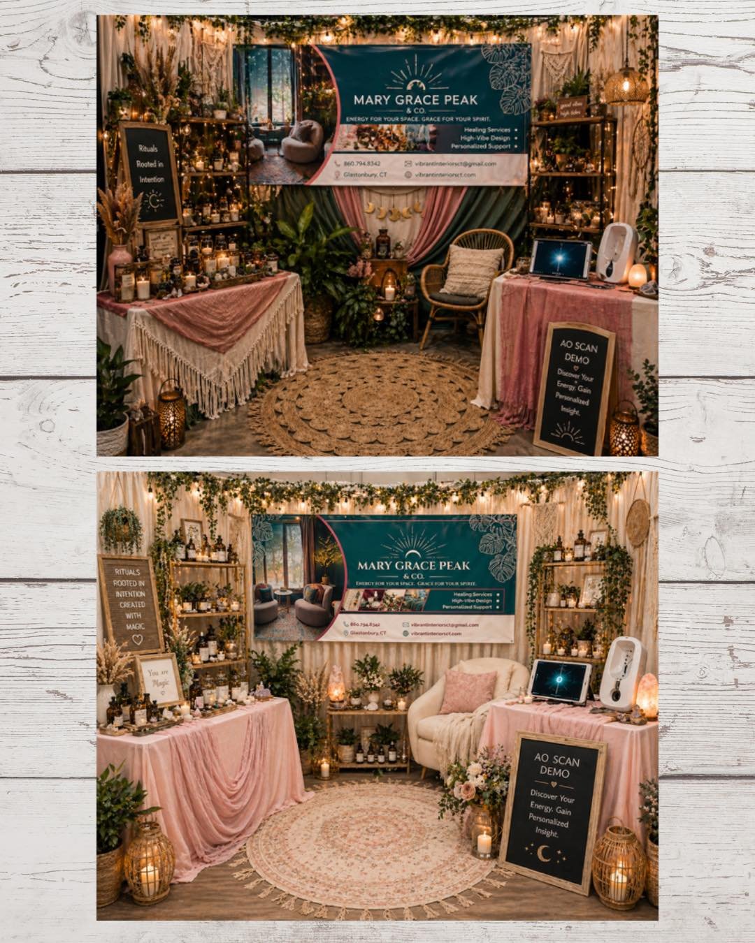 Help me style my summer market booth!

Here are two options for booth design with the banner ive selected. 

Thanks everyone! 🫶🏻
Also - service plug, hire me to style your market booth or witchy shop! 📣

Option 1 - Earth Mama/Mystical

Option 2 - 