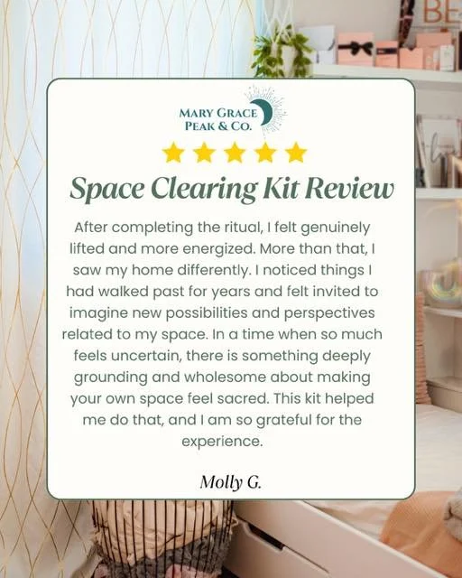 Transform your home into a sacred sanctuary with this complete ritual kit. 

It includes intentional tools like frankincense incense, a cleansing bell, energy spray, a grounding crystal, and a guide candle, plus a gentle ceremony to clear stagnant en