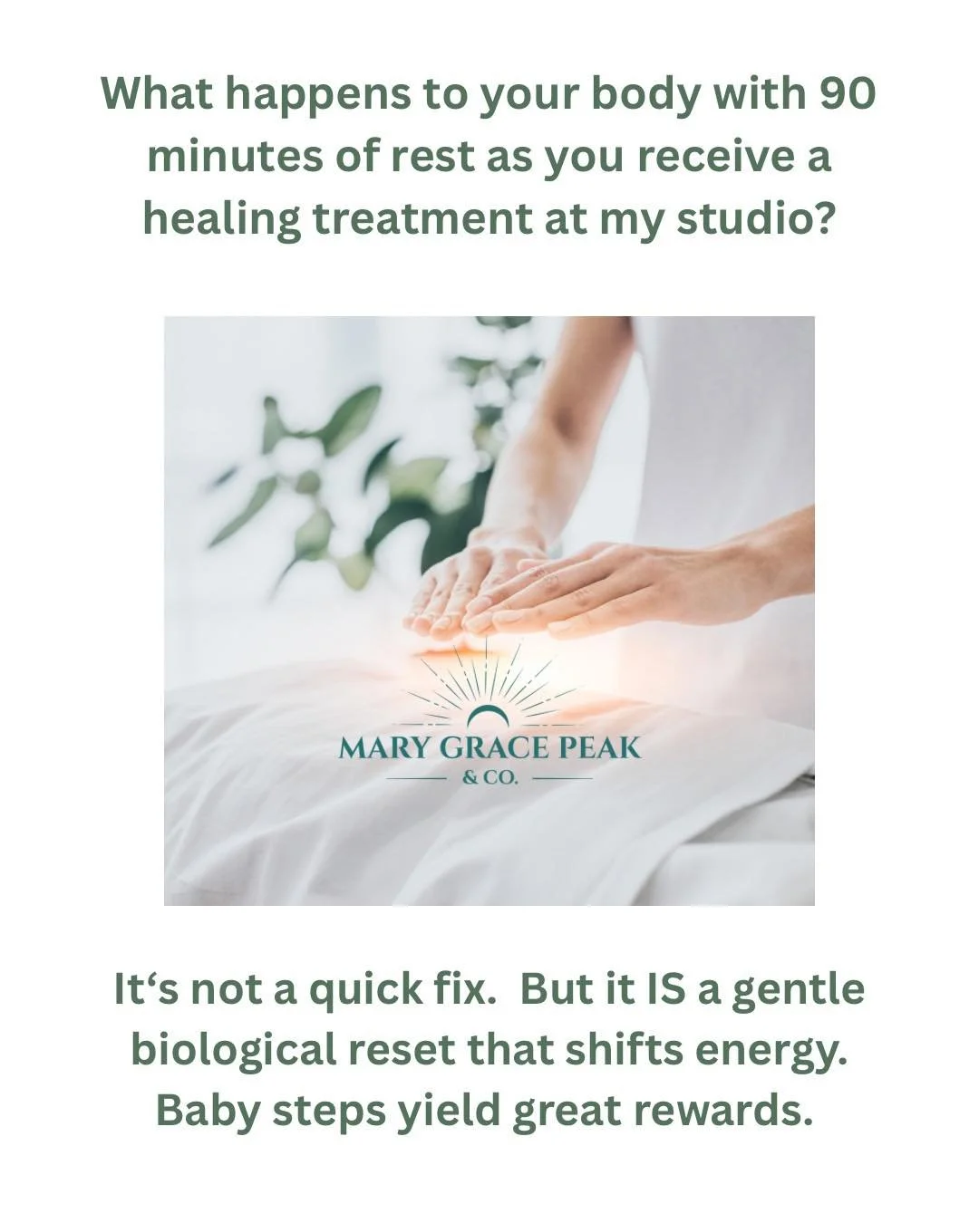What happens to your body with 90 minutes of rest as you receive a healing treatment at my studio?

It&rsquo;s not a quick fix.  But it IS a gentle biological reset that shifts energy.  Baby steps yield great rewards. 

  #marygracepeakandcompany #sm