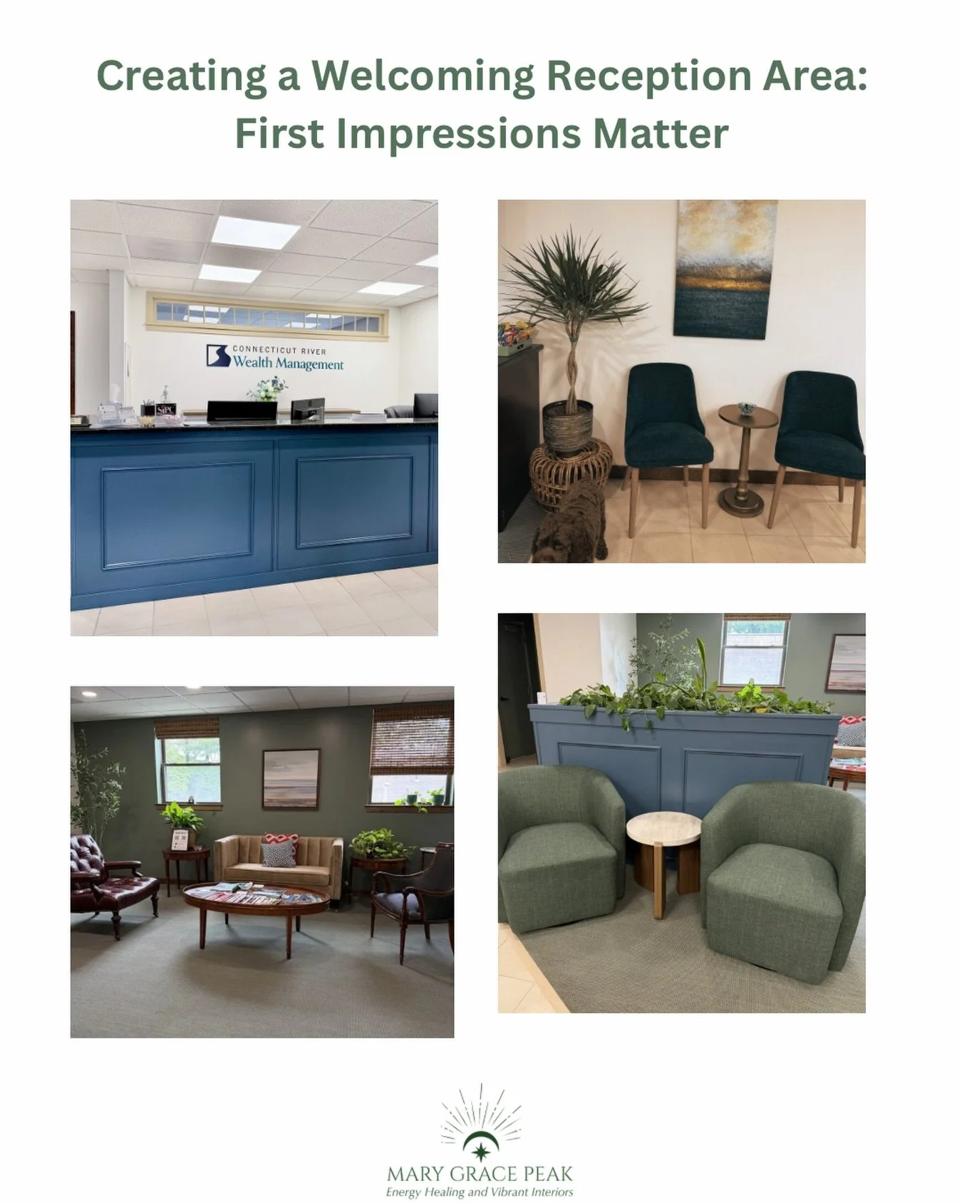 Your reception area is the first thing your clients and employees see when they enter your place of business. Energetically, this area reflects opportunity and wealth 💰- and you want it flowing like water. 💦 

I help entrepreneurs understand why th