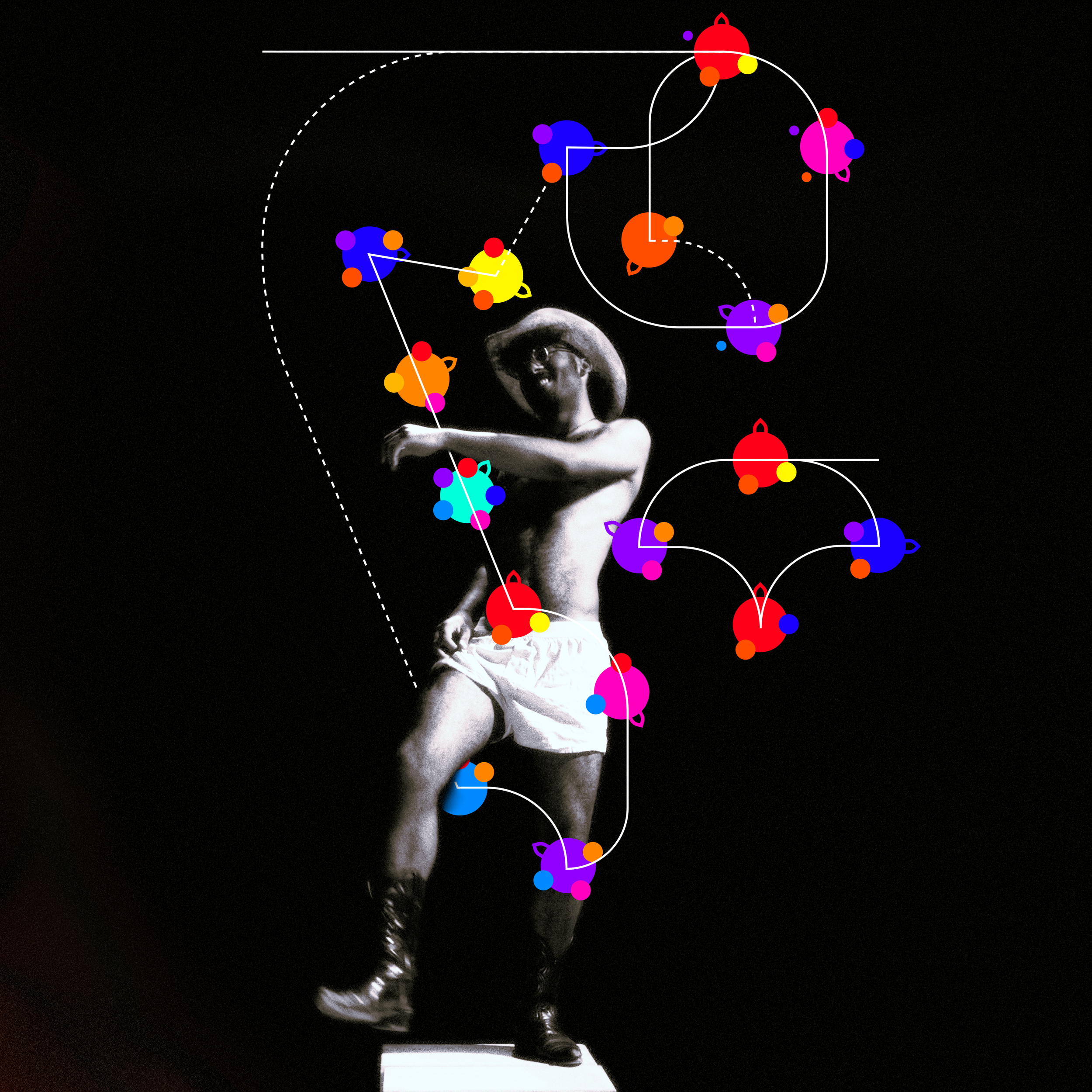 COME ON HOME cover art: Indë, a young Black person with an Afro and beard, dances in cowboy boots and a pair of Golf Wang boxers. A colorful diagram of the song's chord progressions decorates the otherwise grayscale image.