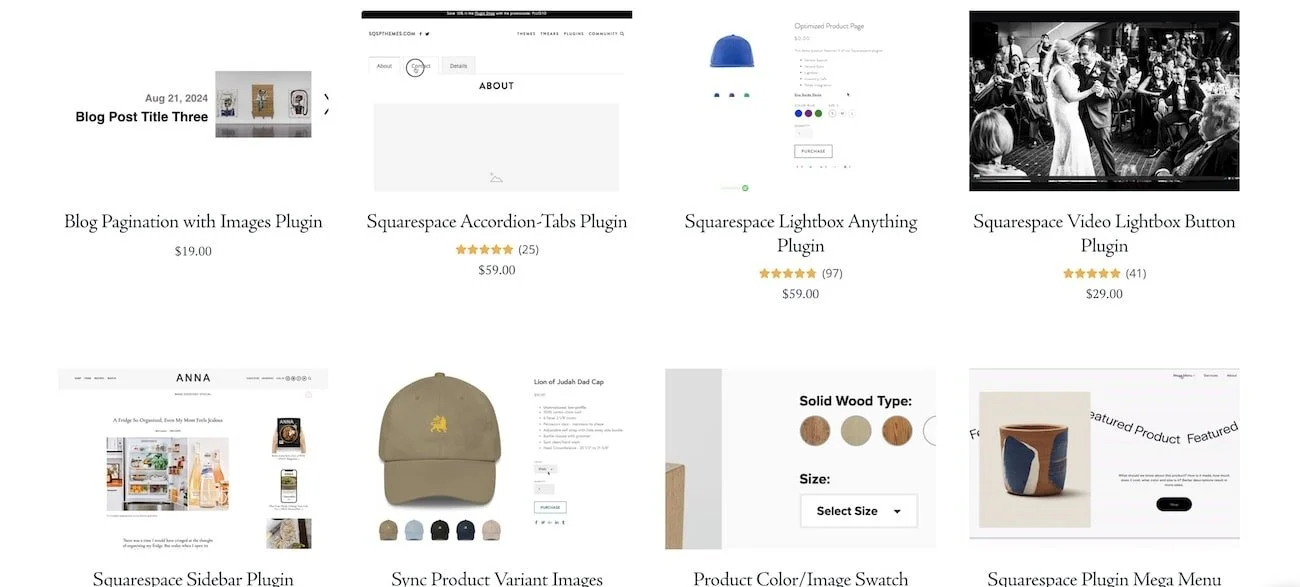 collage of plugins offered from SQSP themes