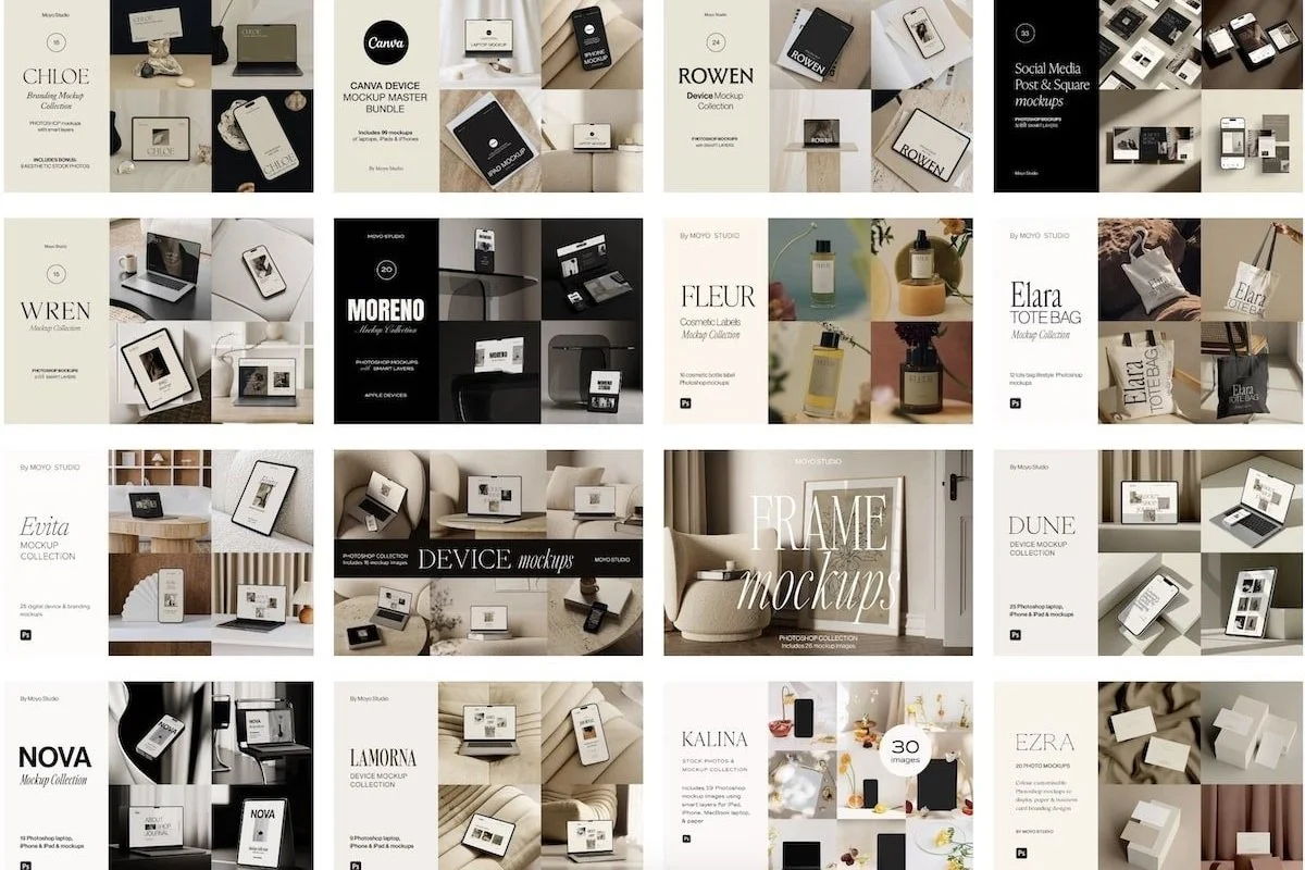 collage of mockups for websites and packaging from Moyo Studio