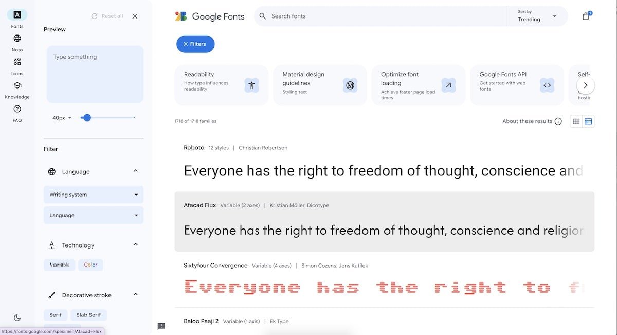 screenshot of google fonts homescreen