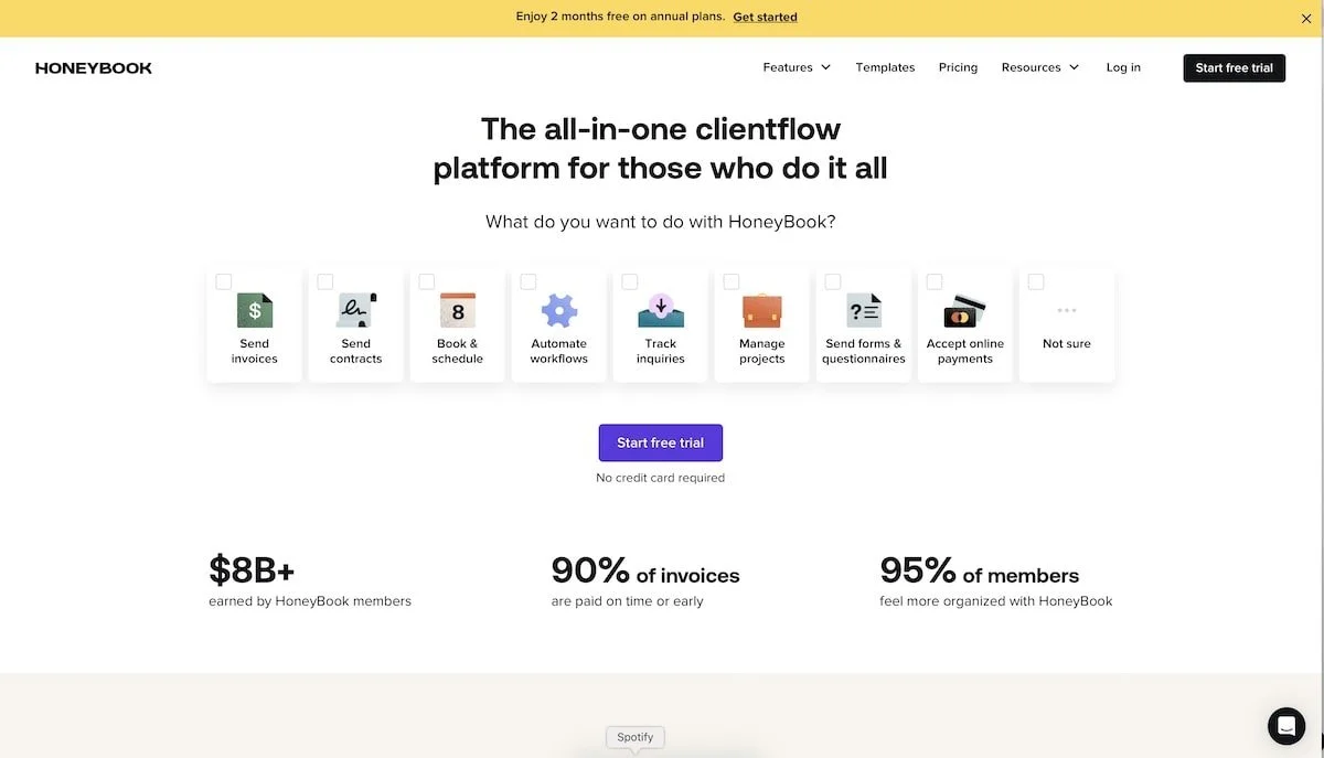 screenshot of the honeybook home page