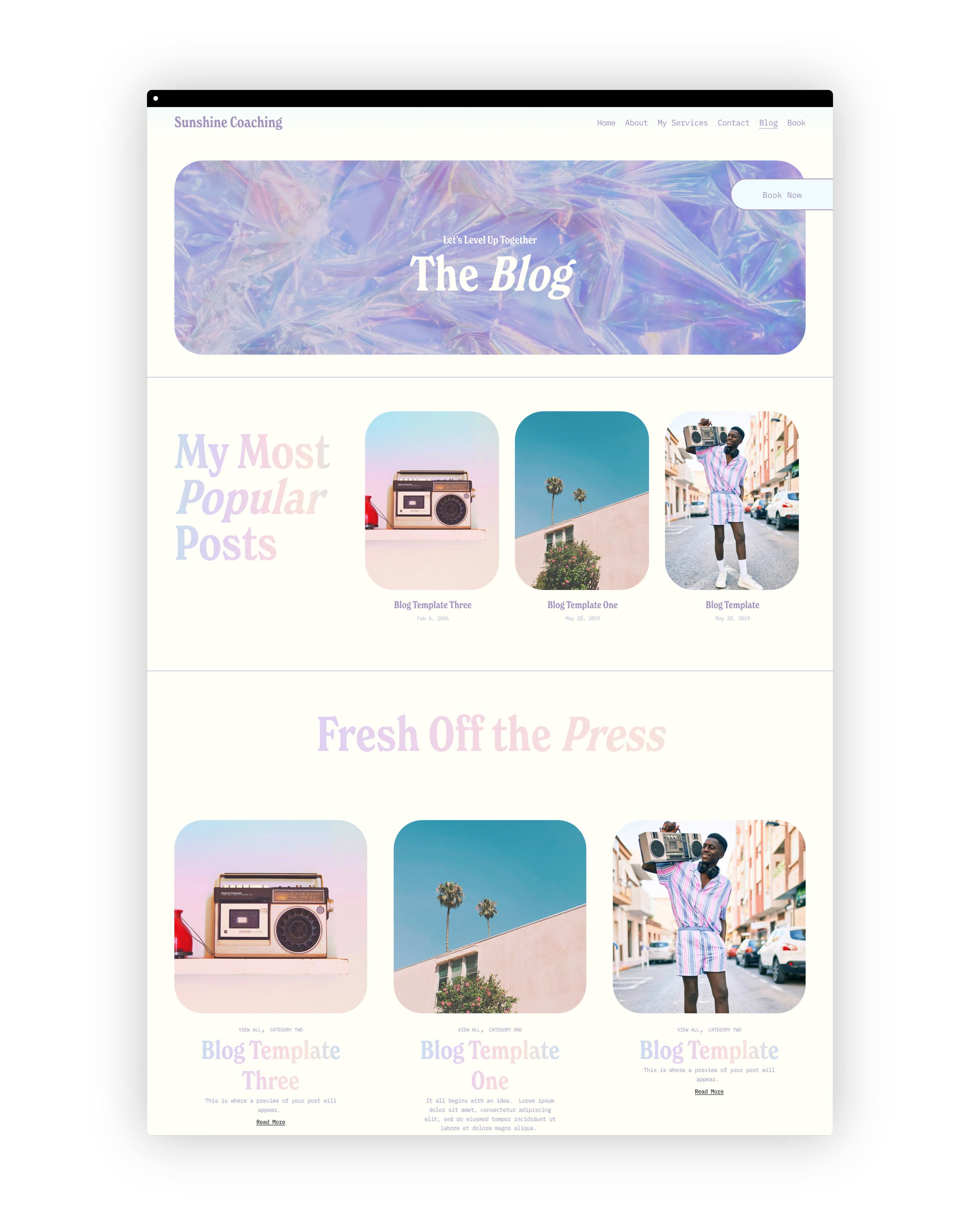Screenshot of the blog page in the sunshine coaching squarespace website template