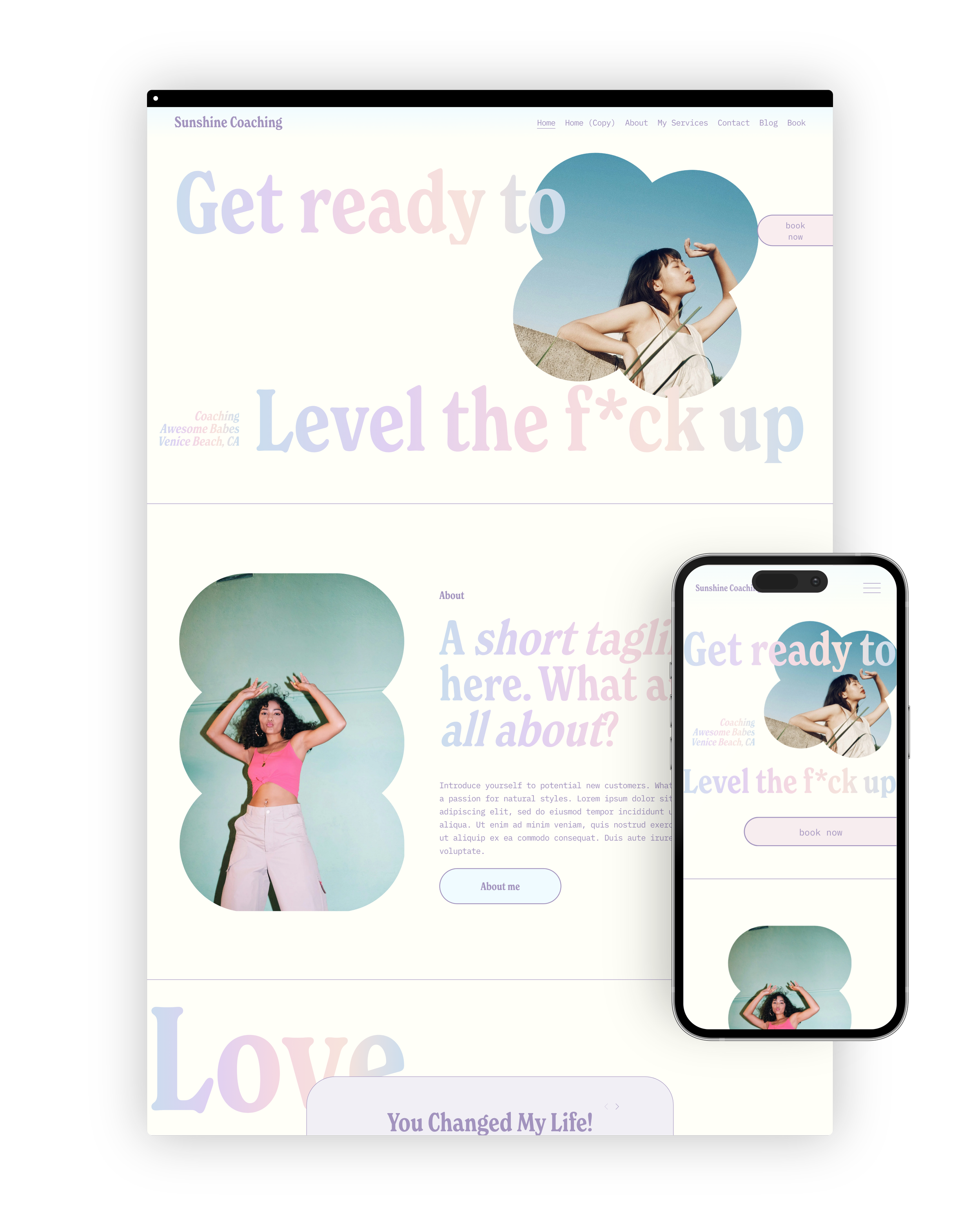 Screenshot of homepage on desktop and mobile of fun gradient website template