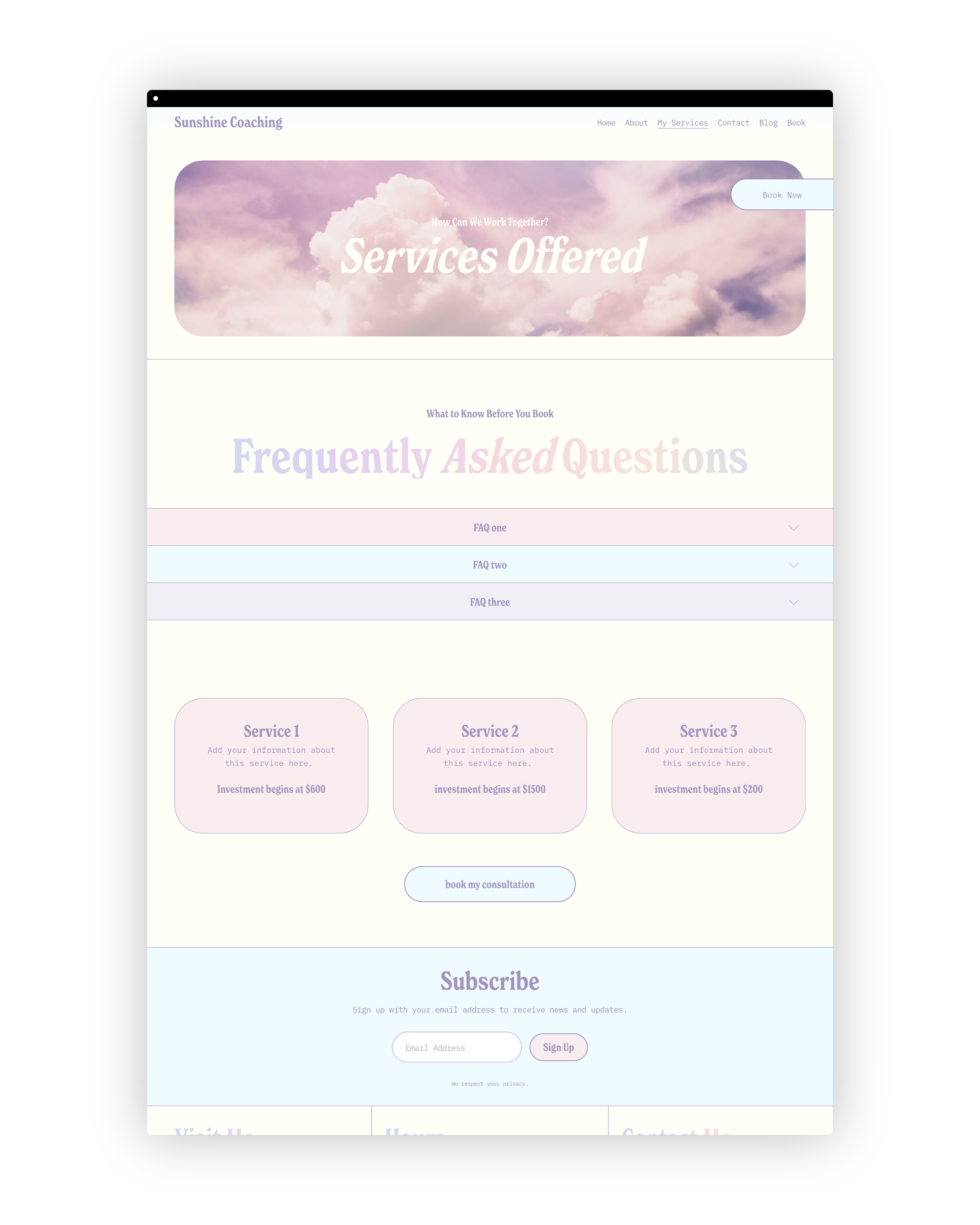 Screenshot of services page on a squarespace website template for therapists