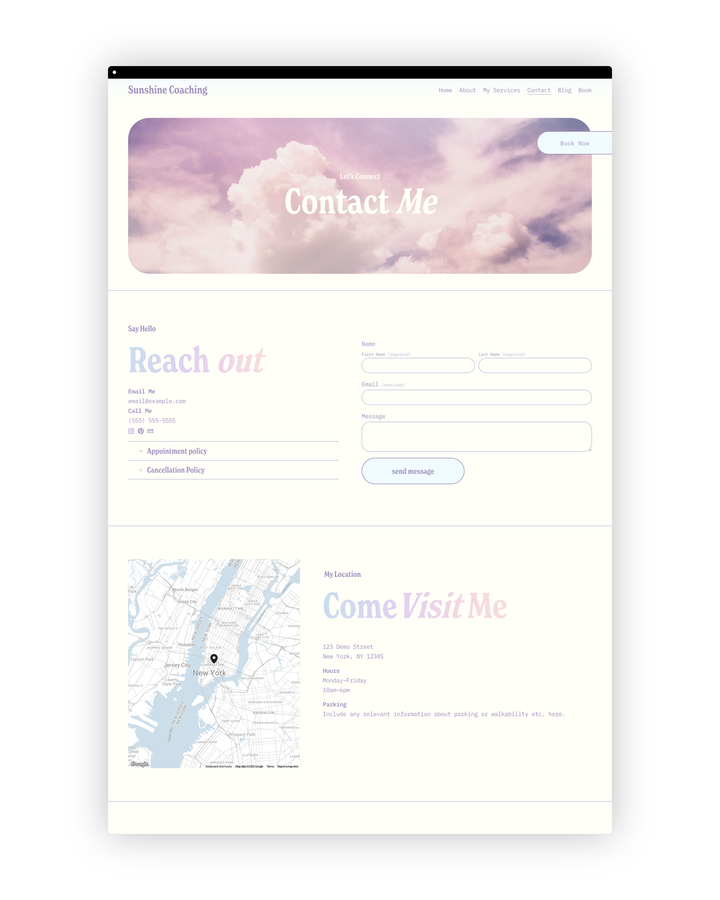 Screenshot that shows the map and contact from on the Sunshine Coaching template for squarespace
